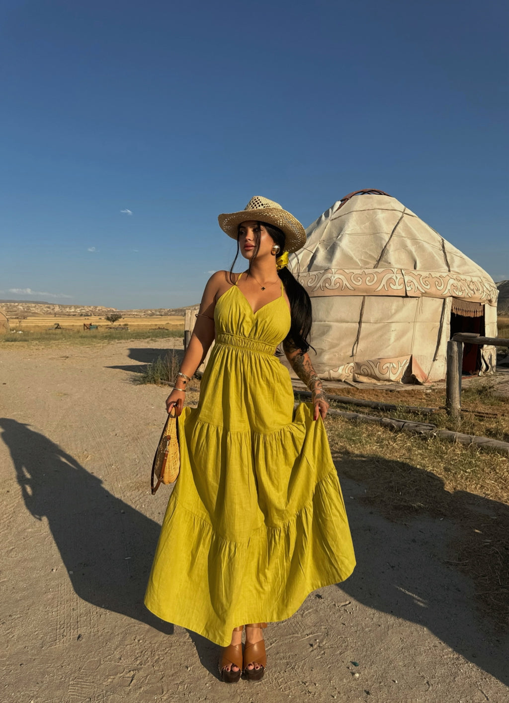 Green Strap Pearl Linen Dress