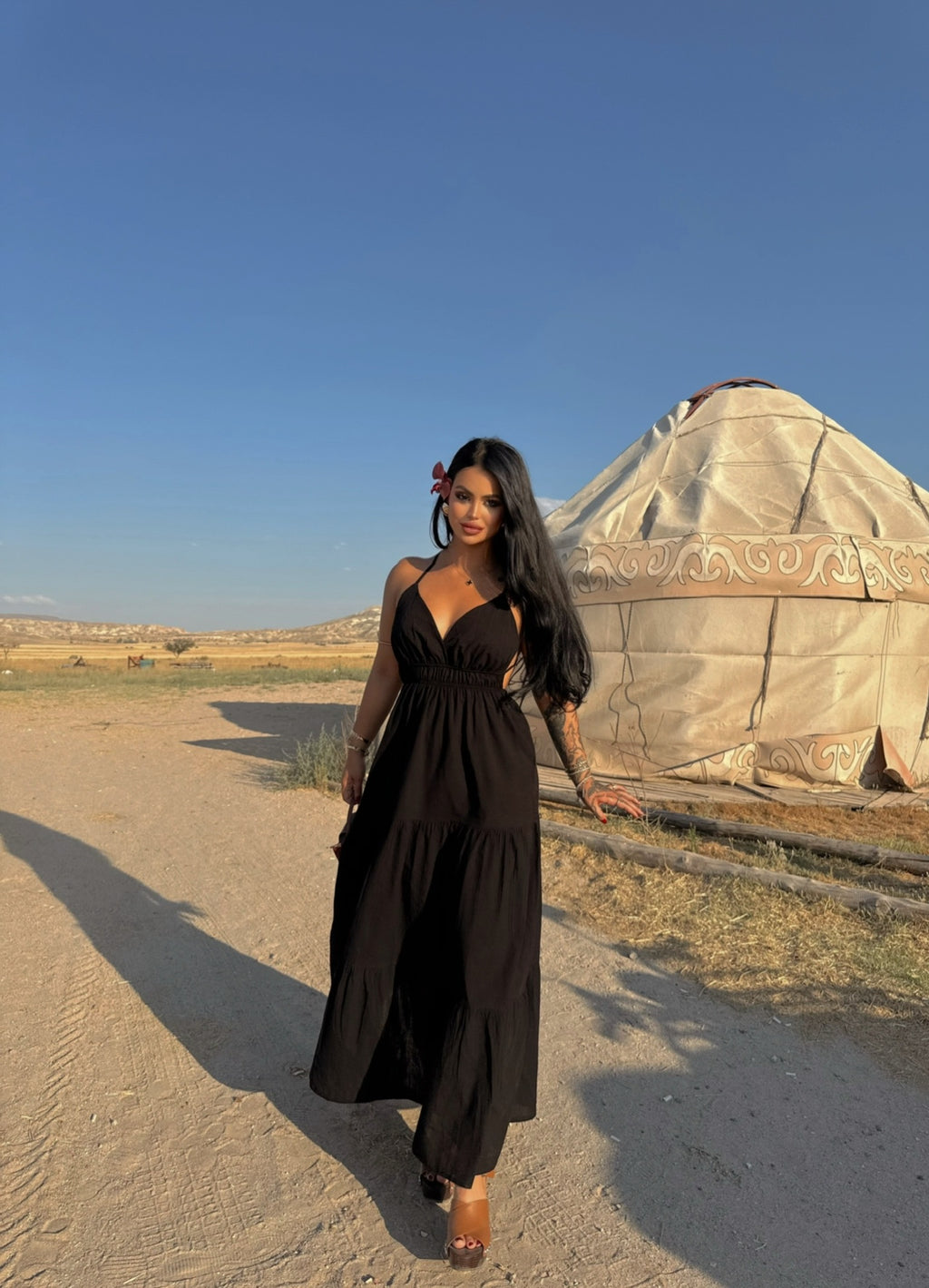 Black Strap Pearl Linen Dress