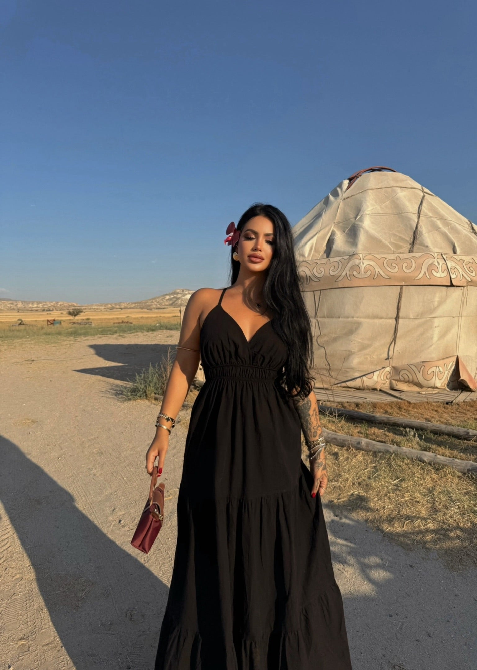 Black Strap Pearl Linen Dress