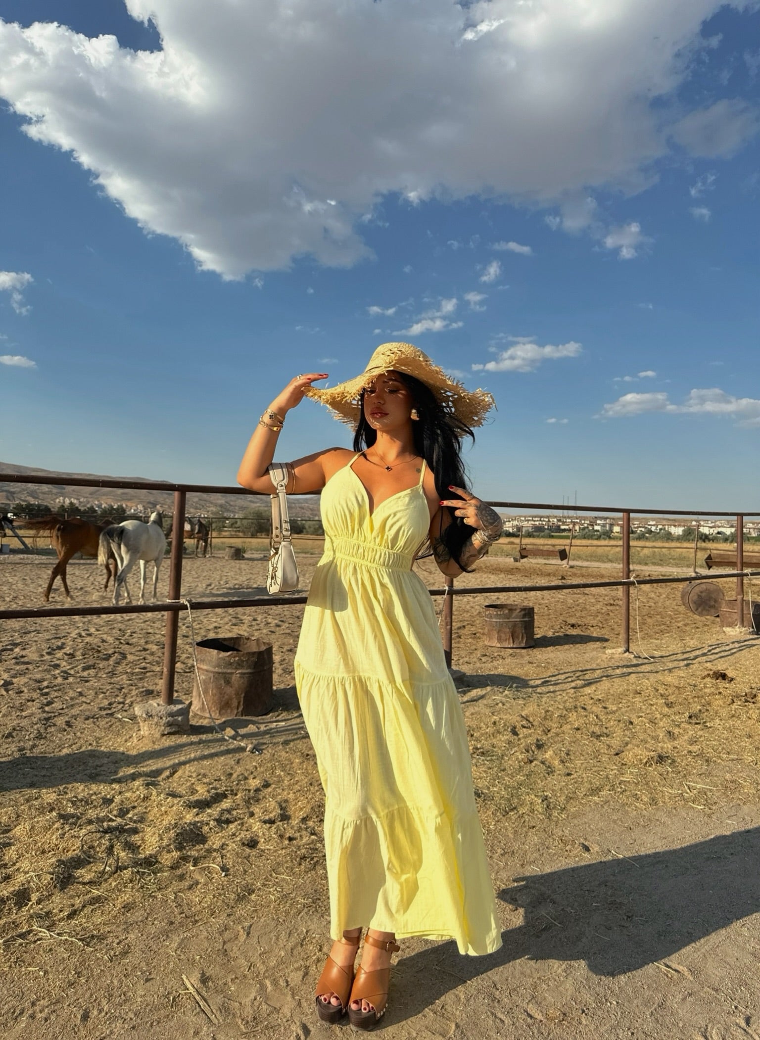 Yellow Strap Pearl Linen Dress