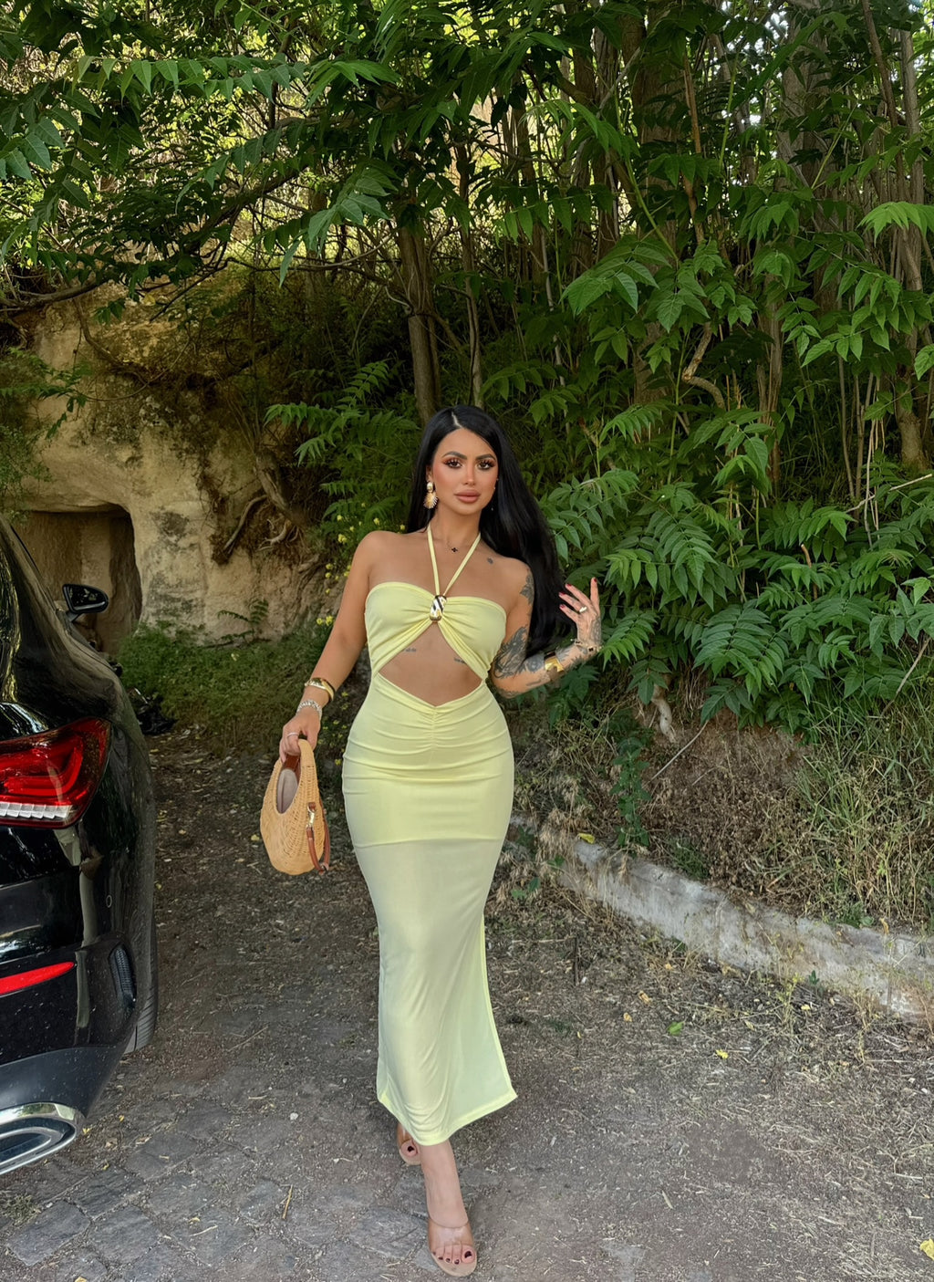 Yellow Chest Accessory Maxi Dress
