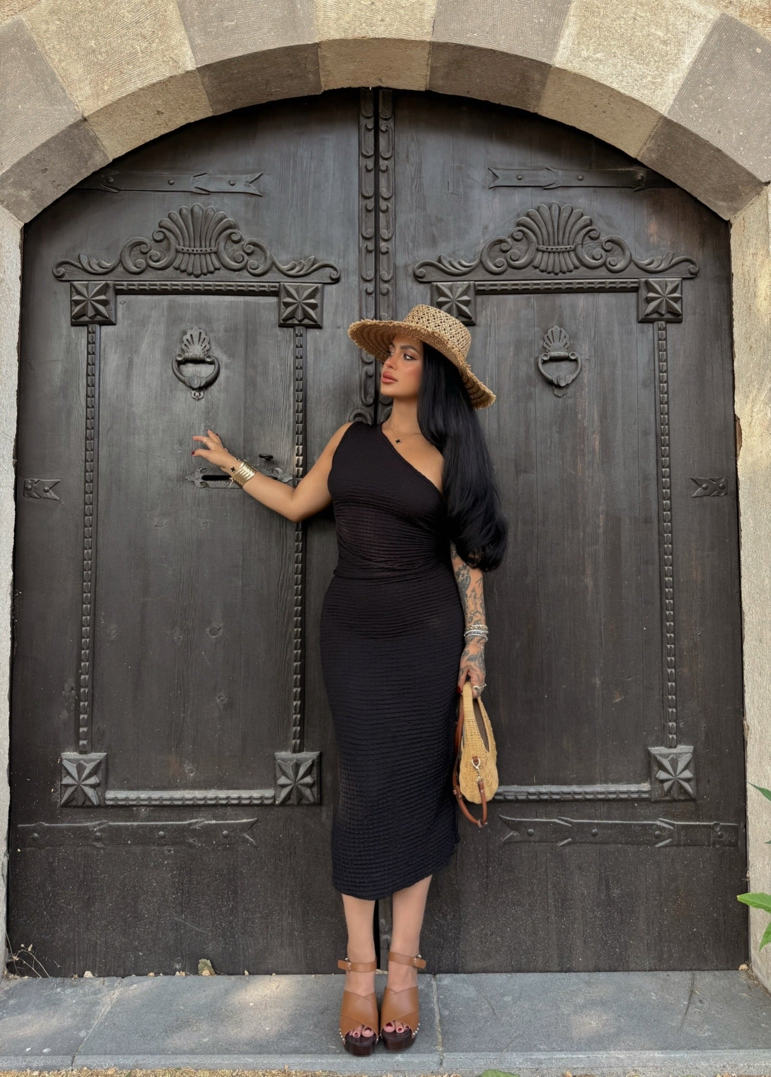 Black One-Shoulder Skirted Set