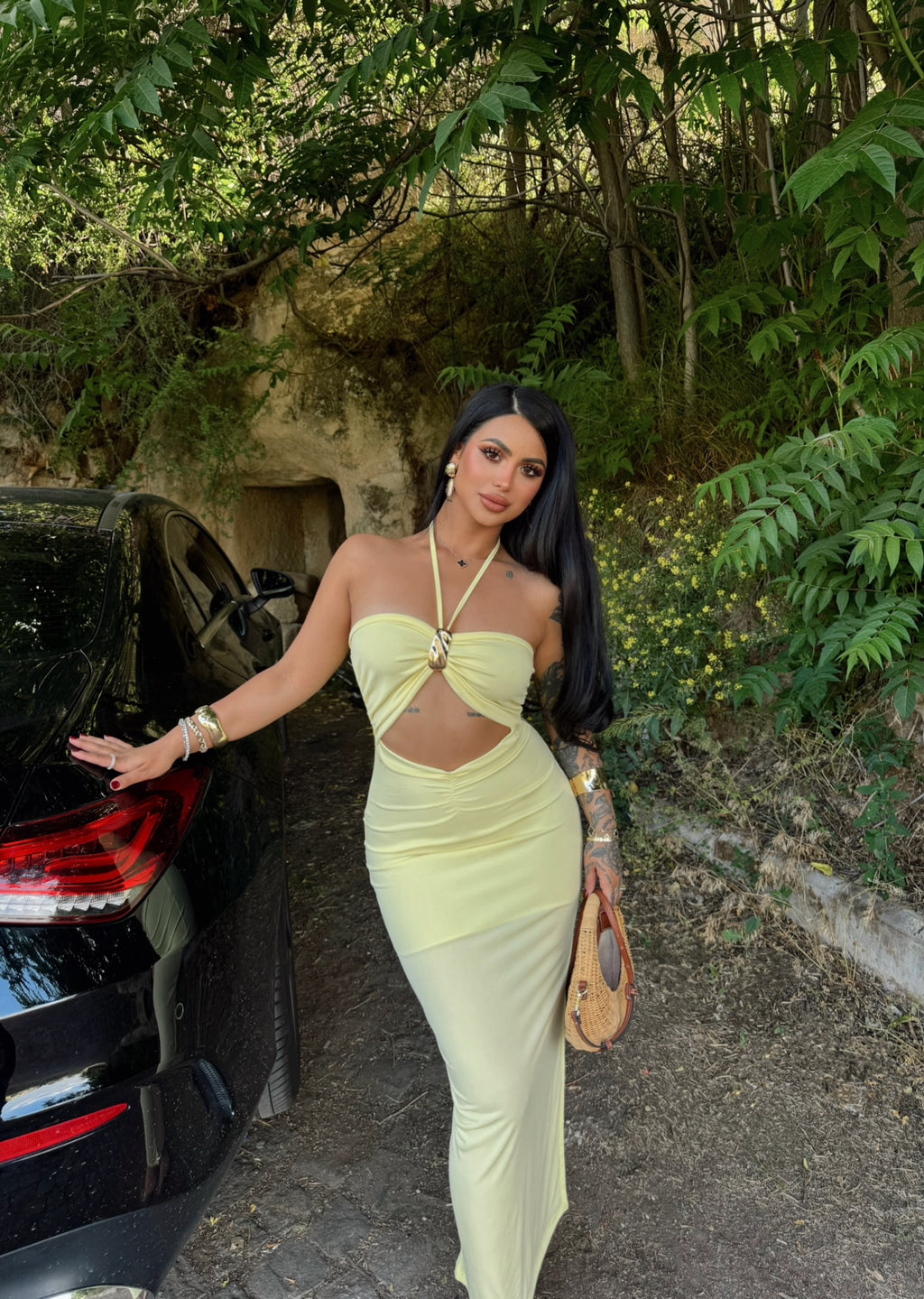 Yellow Chest Accessory Maxi Dress