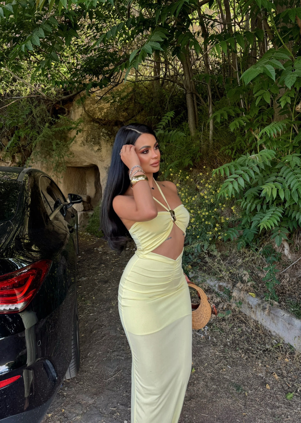 Yellow Chest Accessory Maxi Dress