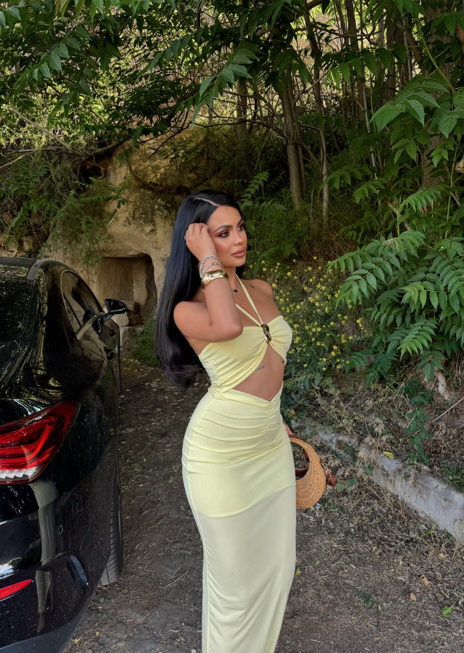 Yellow Chest Accessory Maxi Dress