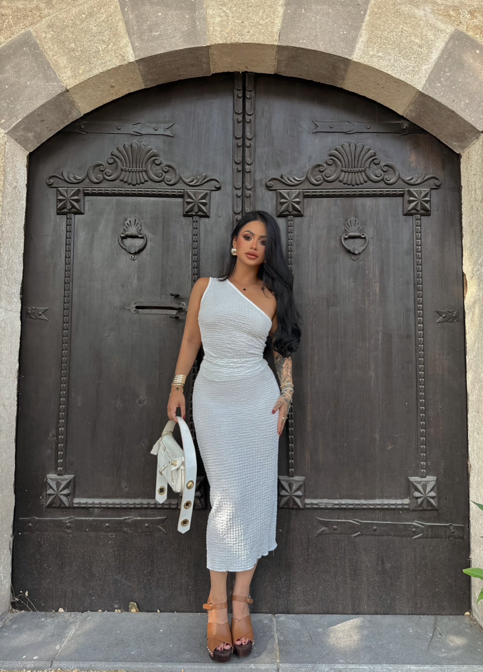 White One-Shoulder Skirted Set