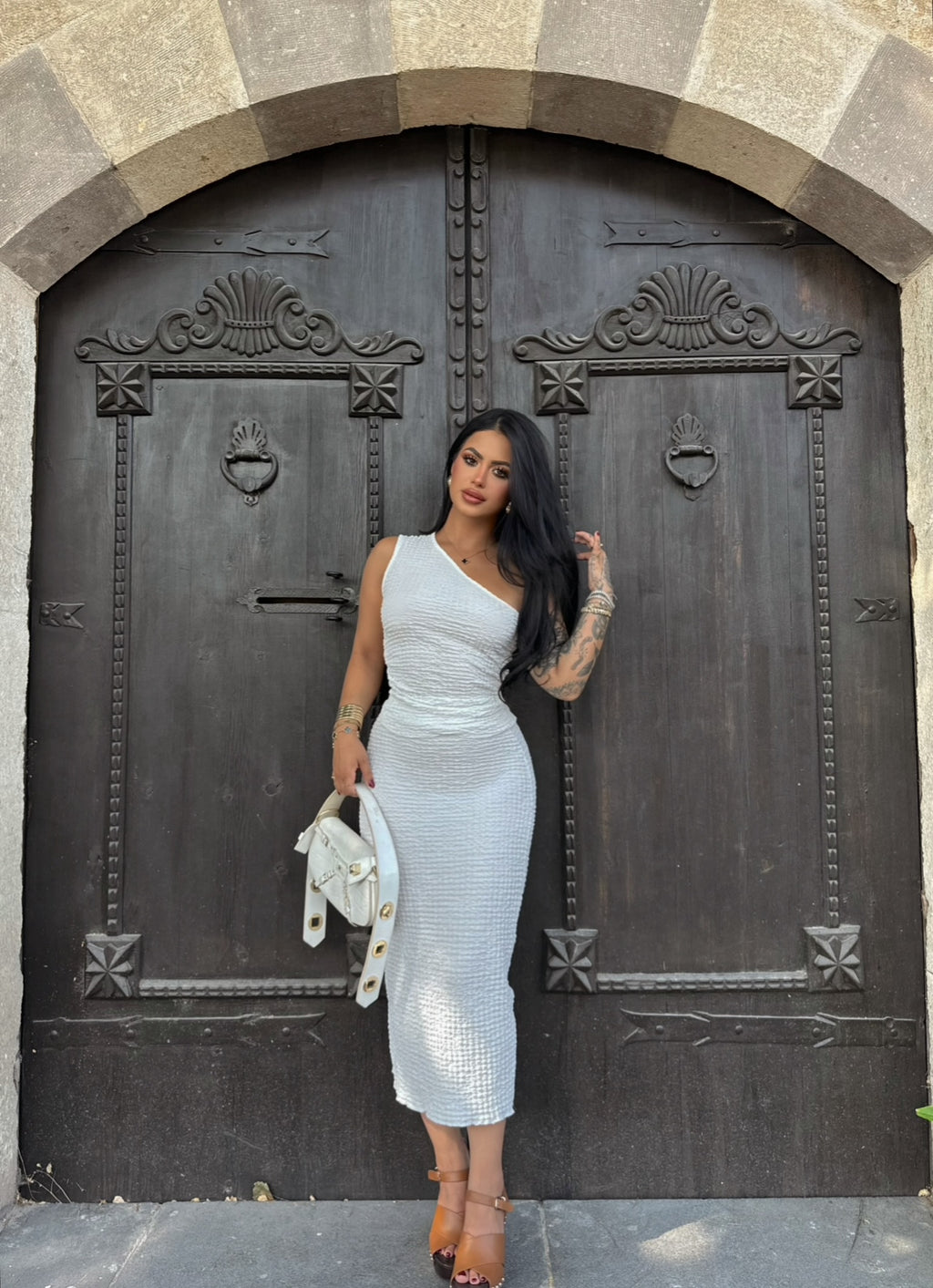 White One-Shoulder Skirted Set