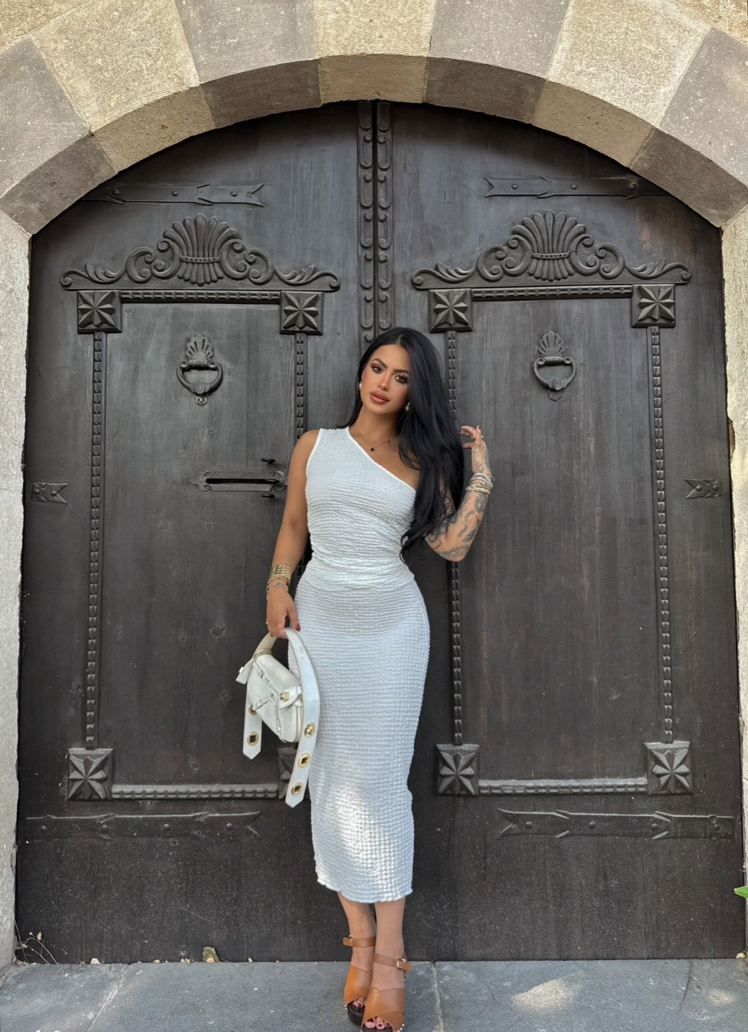 White One-Shoulder Skirted Set