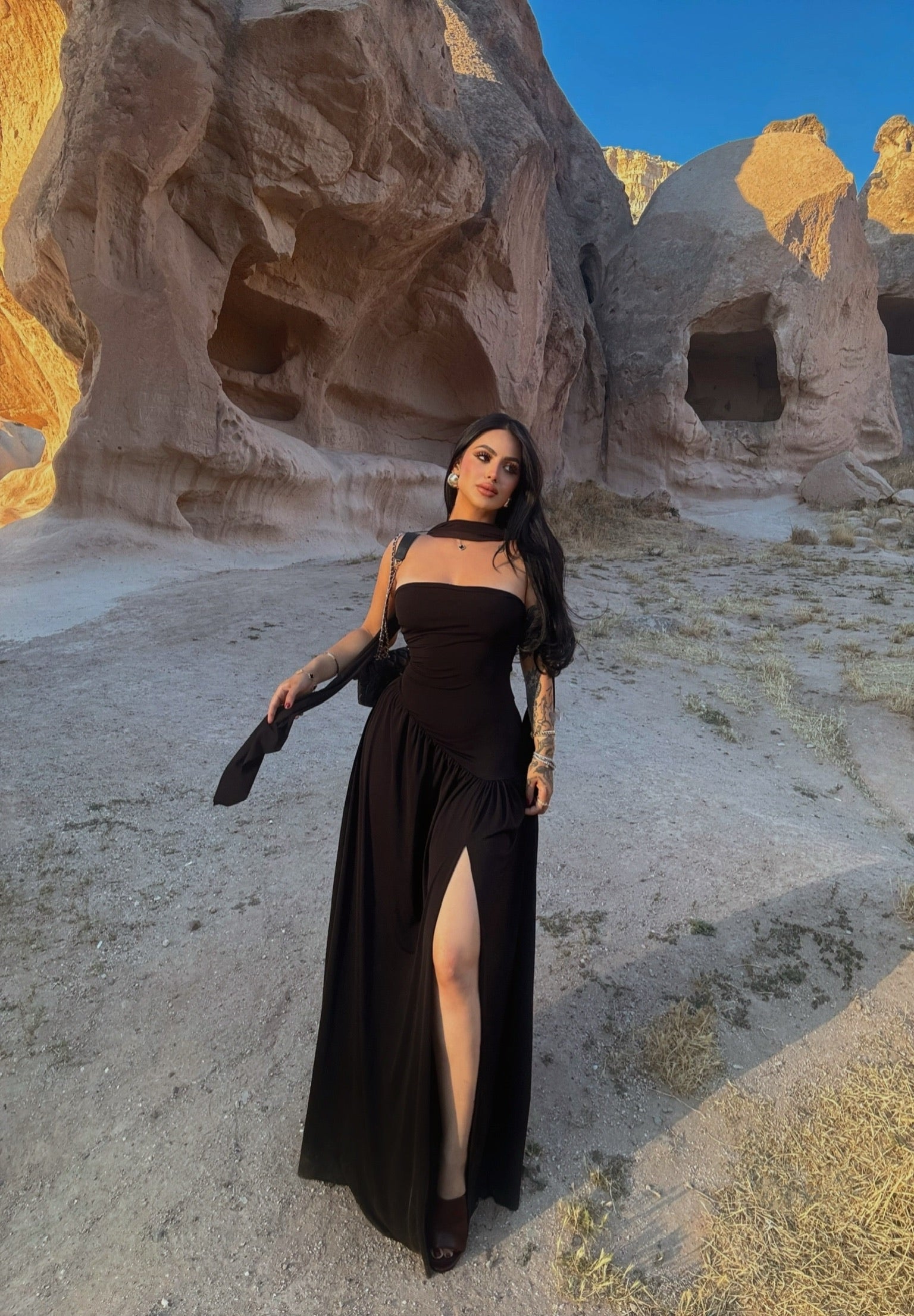 Black Scarf One-Slit Dress