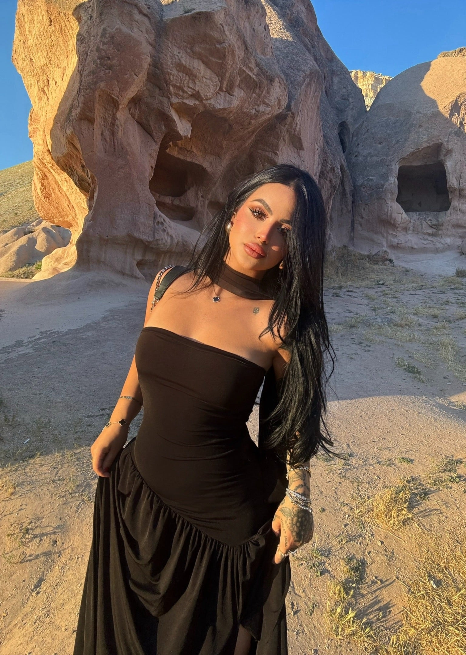 Black Scarf One-Slit Dress