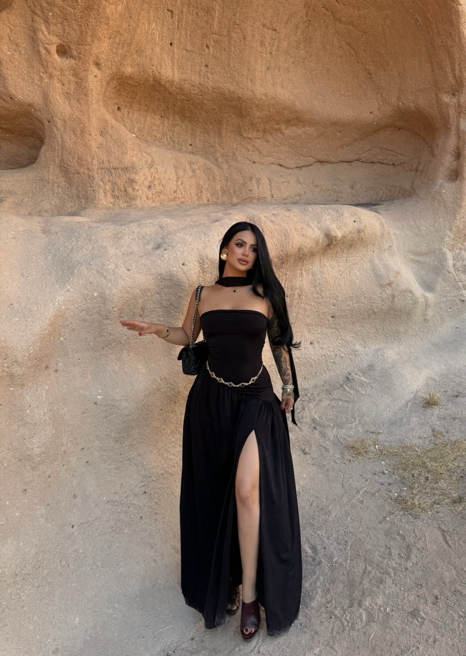 Black Scarf One-Slit Dress