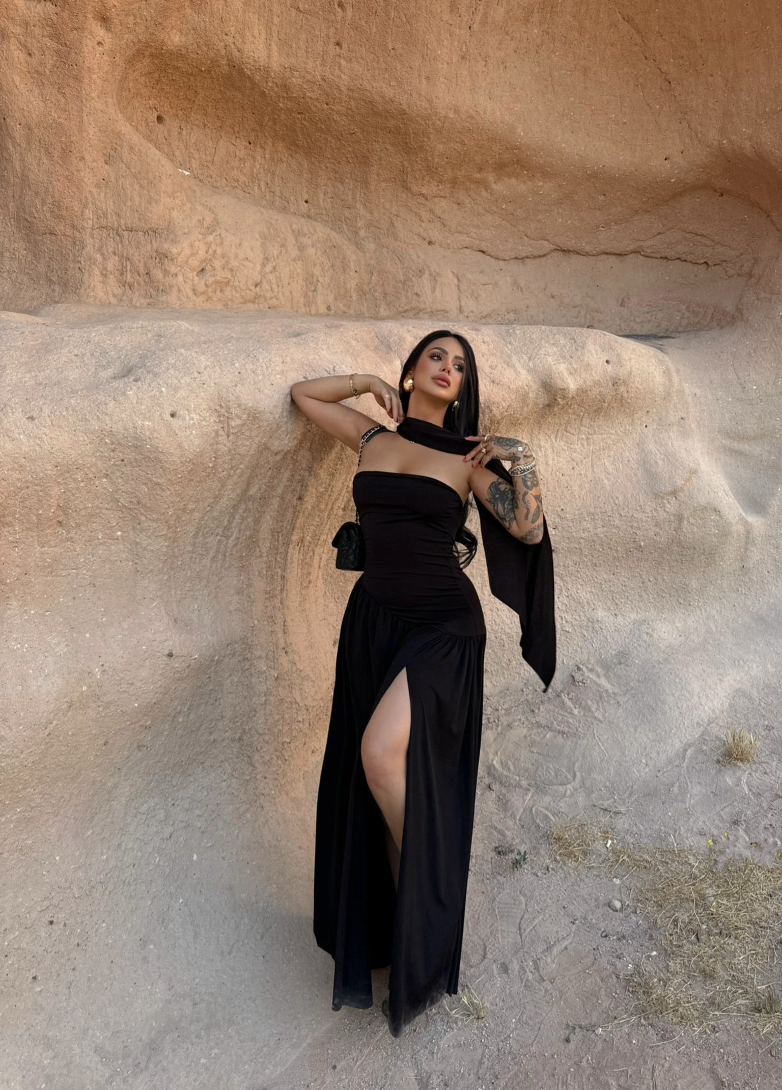 Black Scarf One-Slit Dress