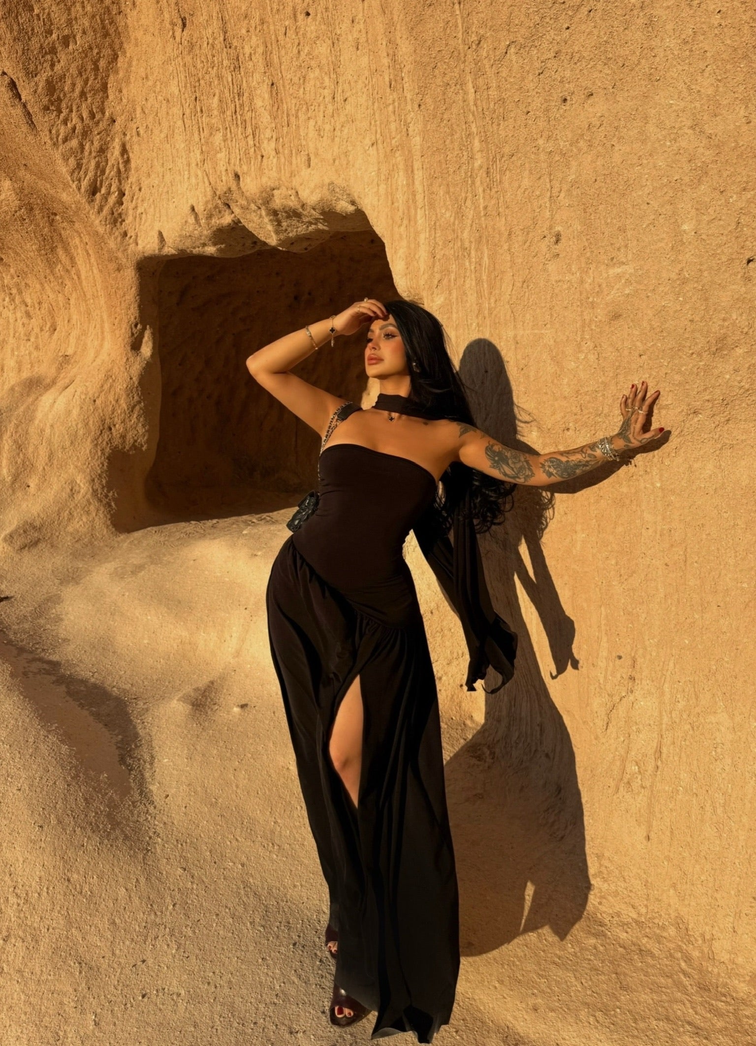 Black Scarf One-Slit Dress