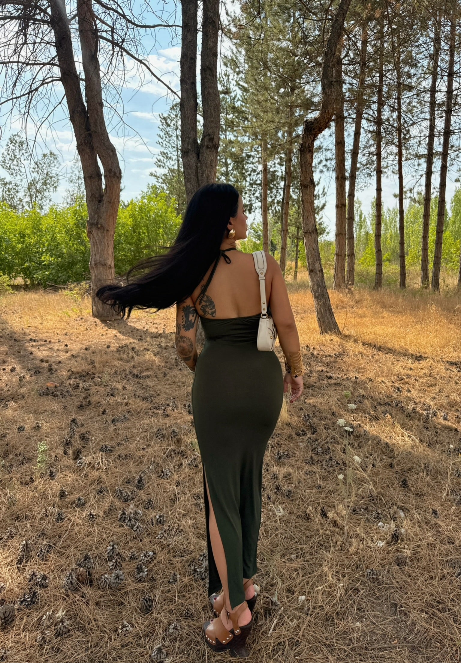 Khaki Chest Accessory Maxi Dress