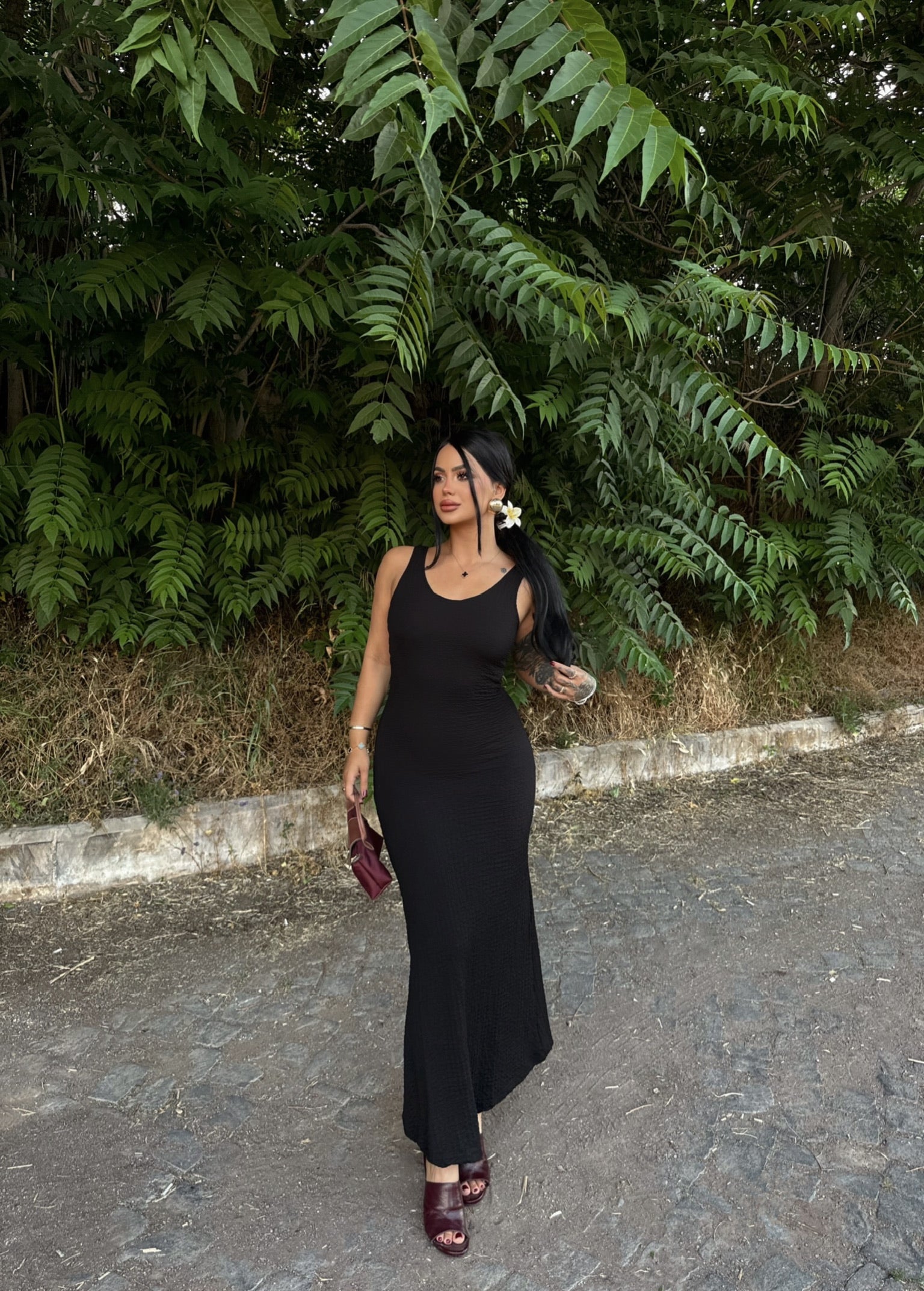 Black Halter Crinkled Dress