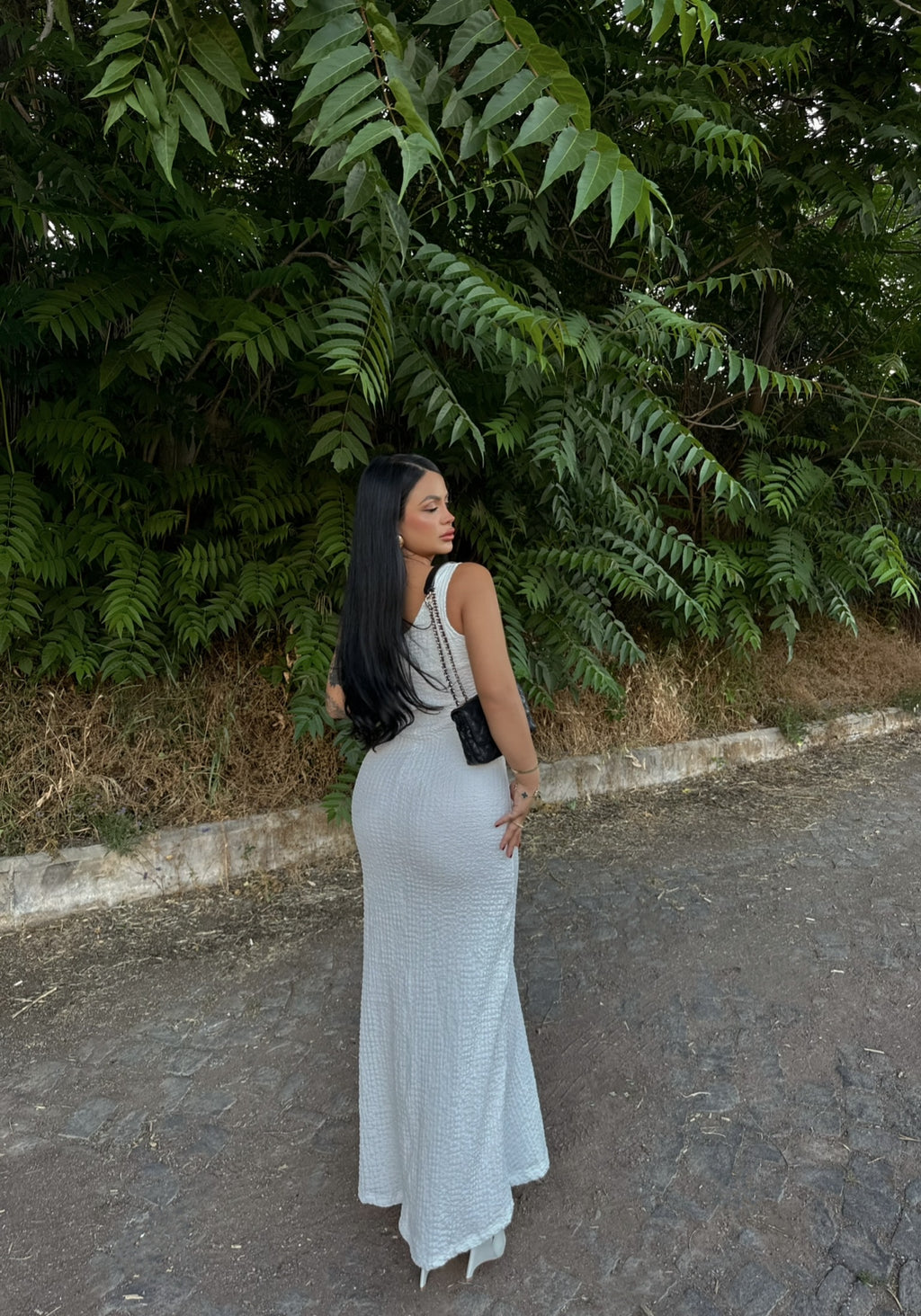 White Halter Crinkled Dress