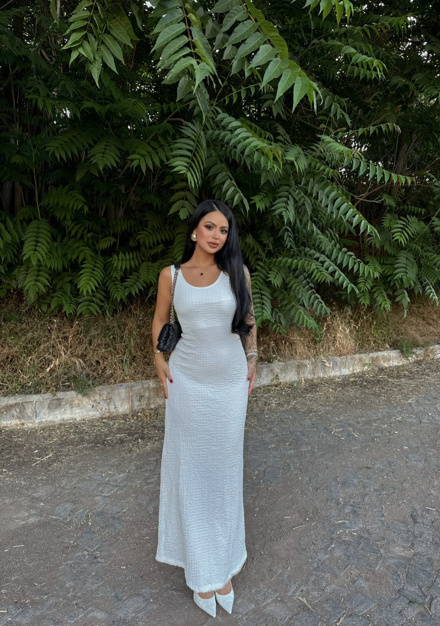 White Halter Crinkled Dress