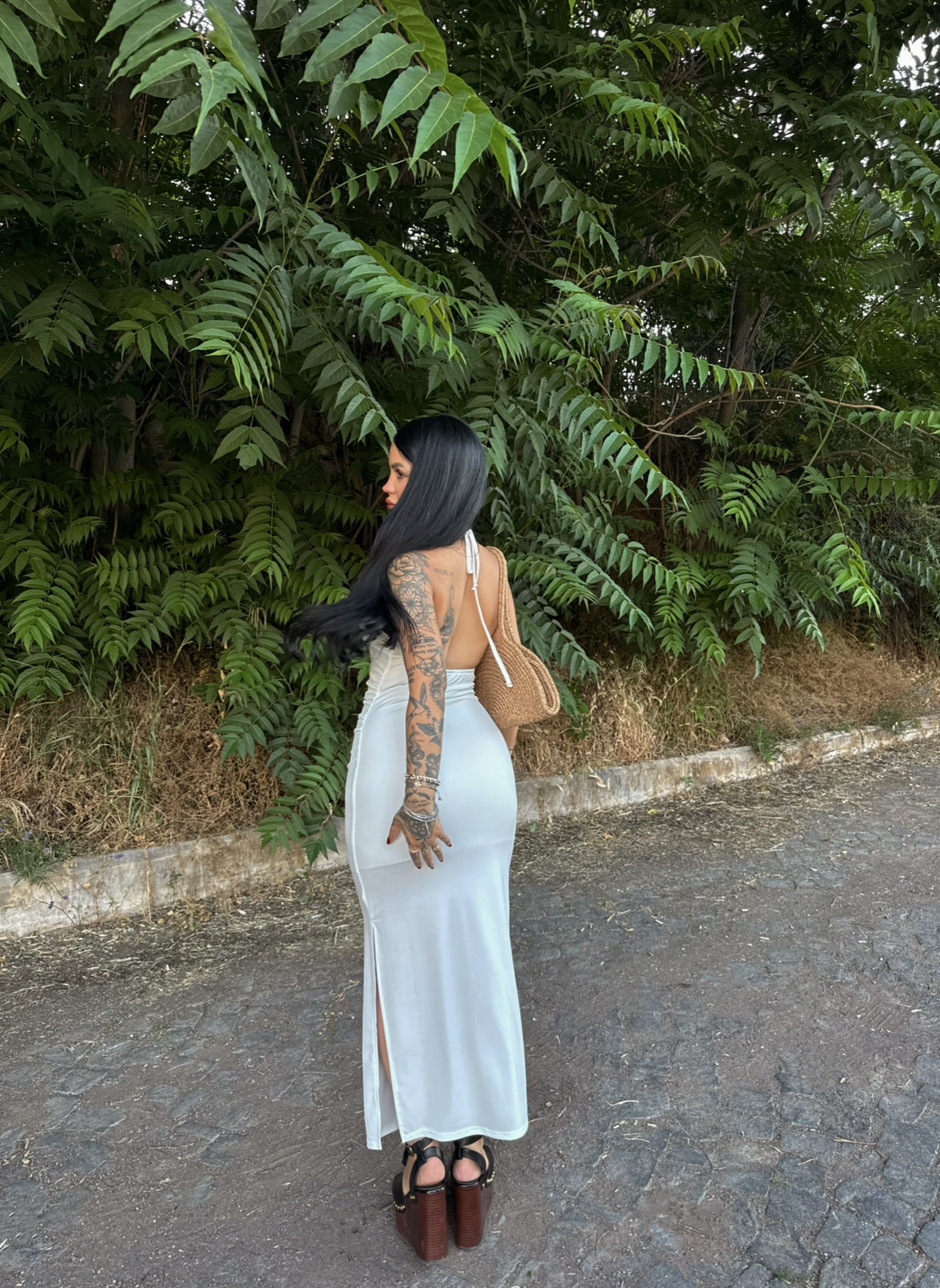 White Halter Neck Double-Lined Dress