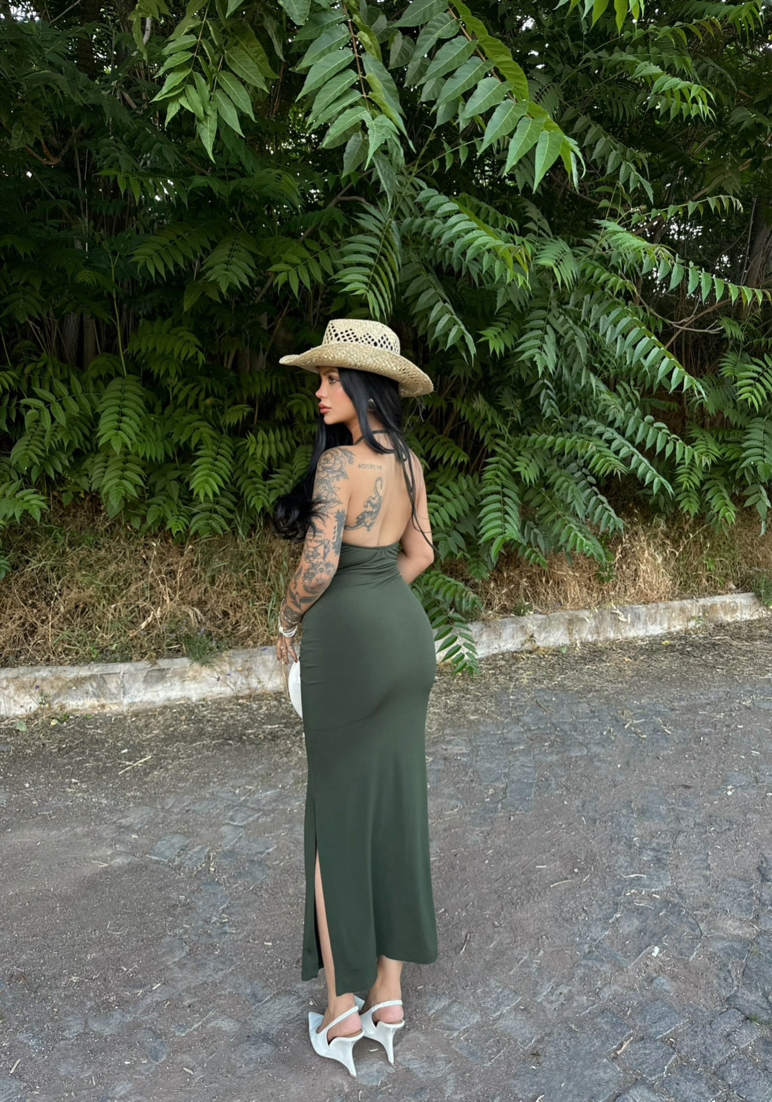 Khaki Halter Neck Double-Lined Dress