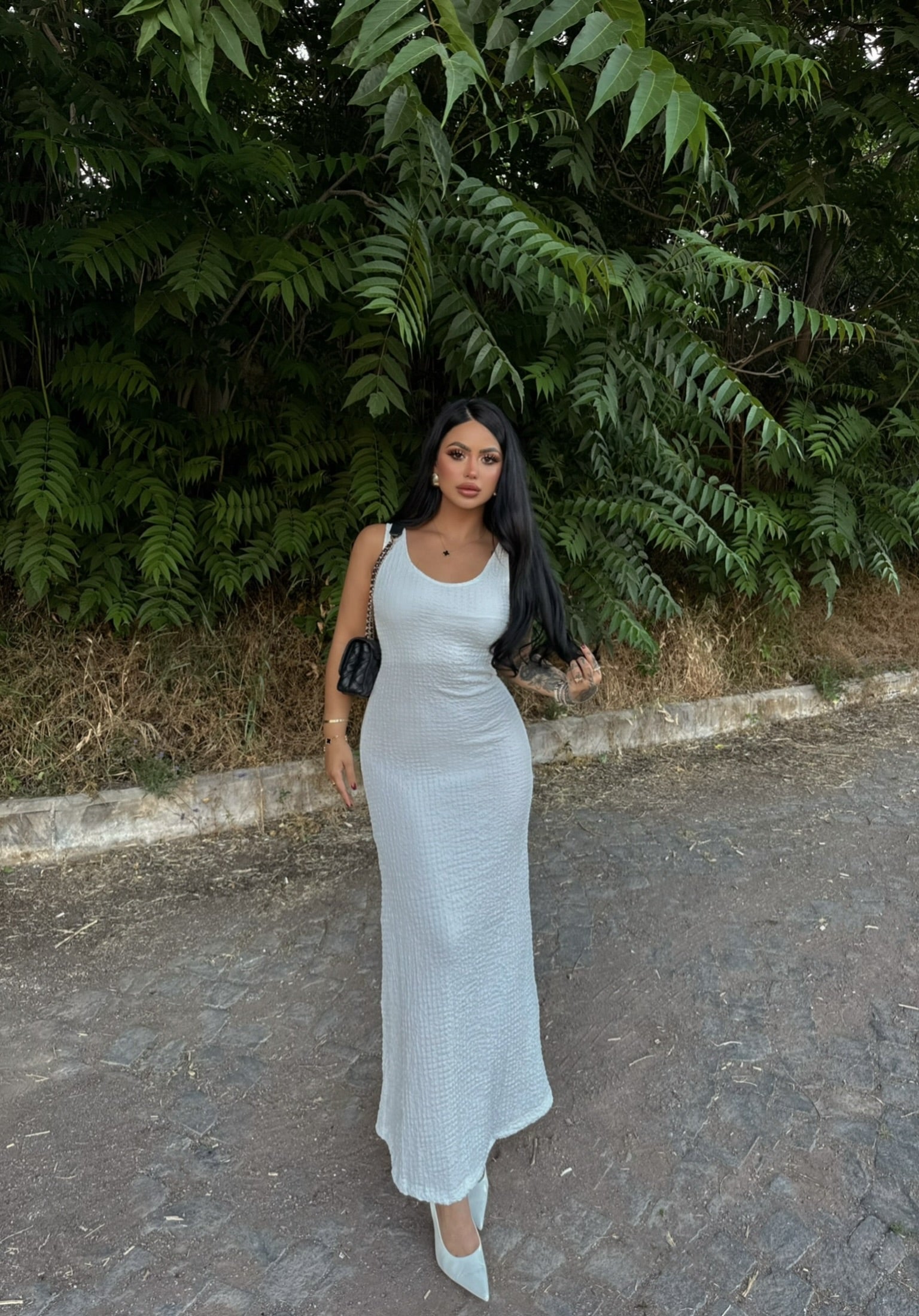 White Halter Crinkled Dress