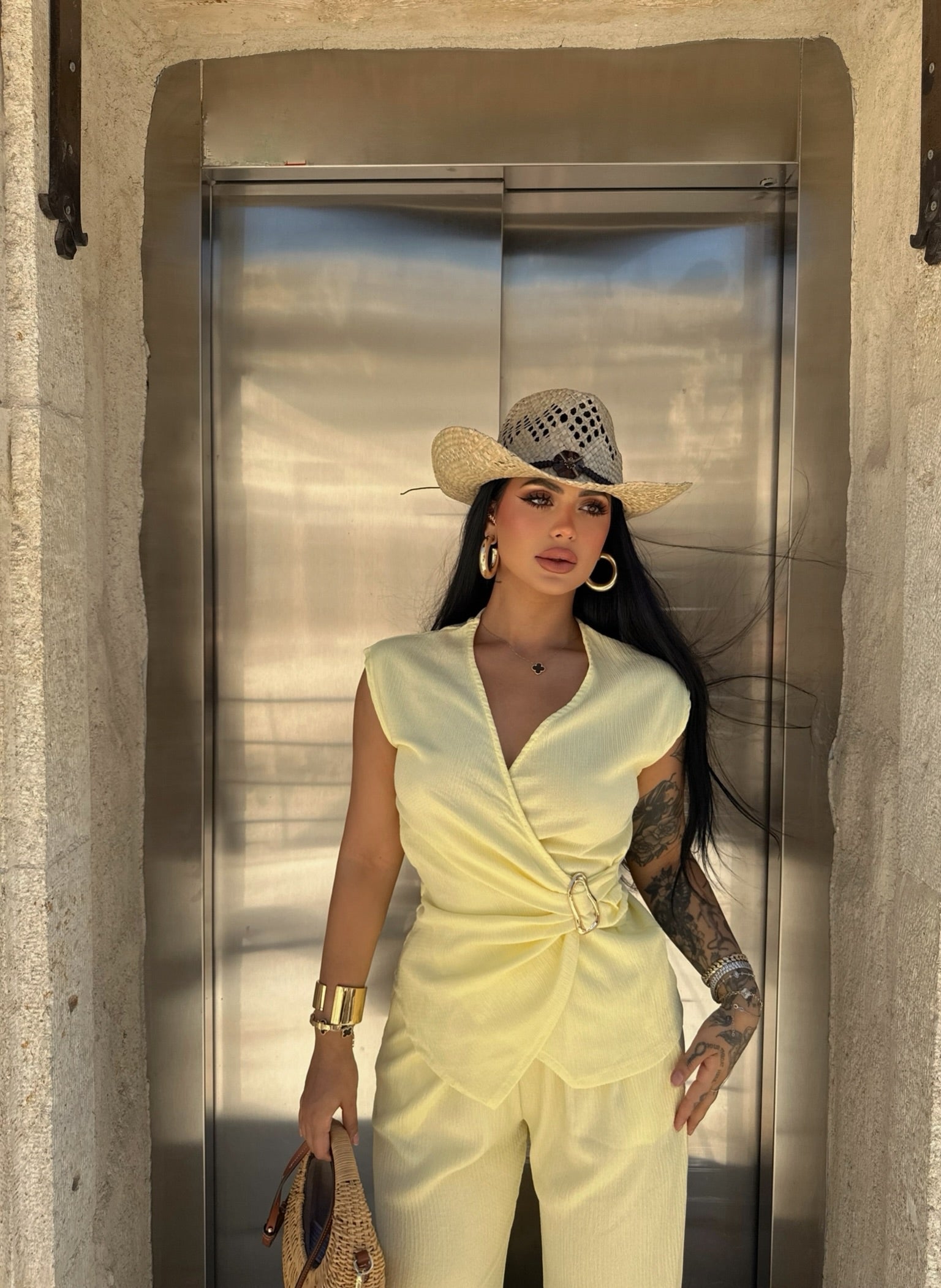 Yellow Buckle Wrap Two-Piece Set