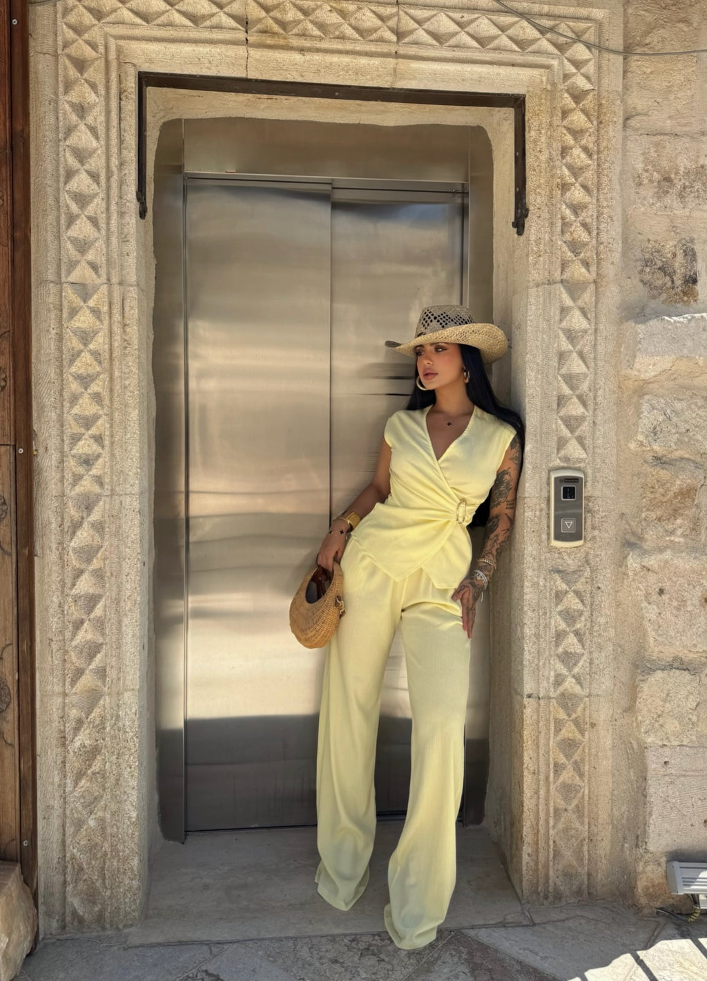 Yellow Buckle Wrap Two-Piece Set