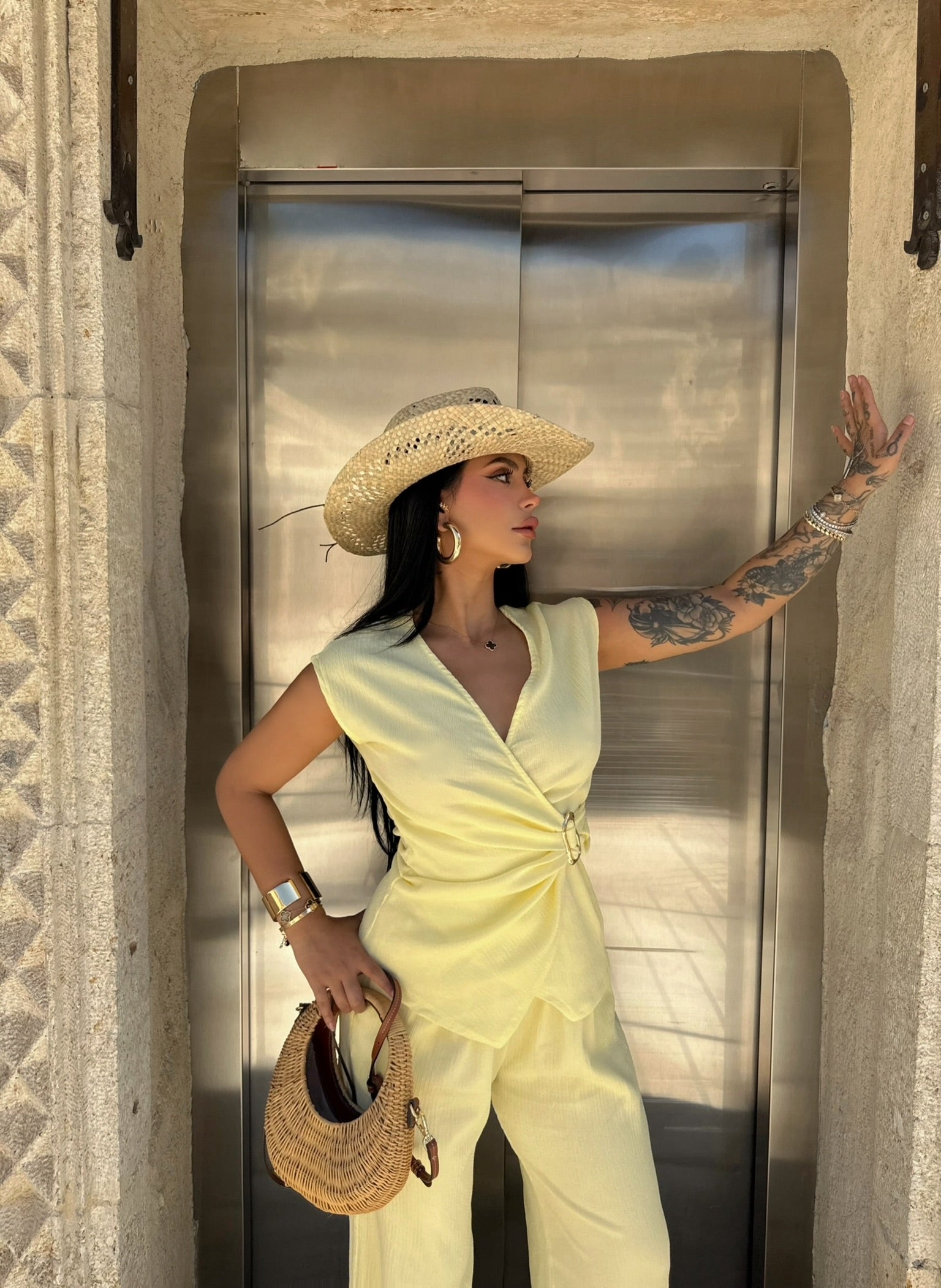 Yellow Buckle Wrap Two-Piece Set