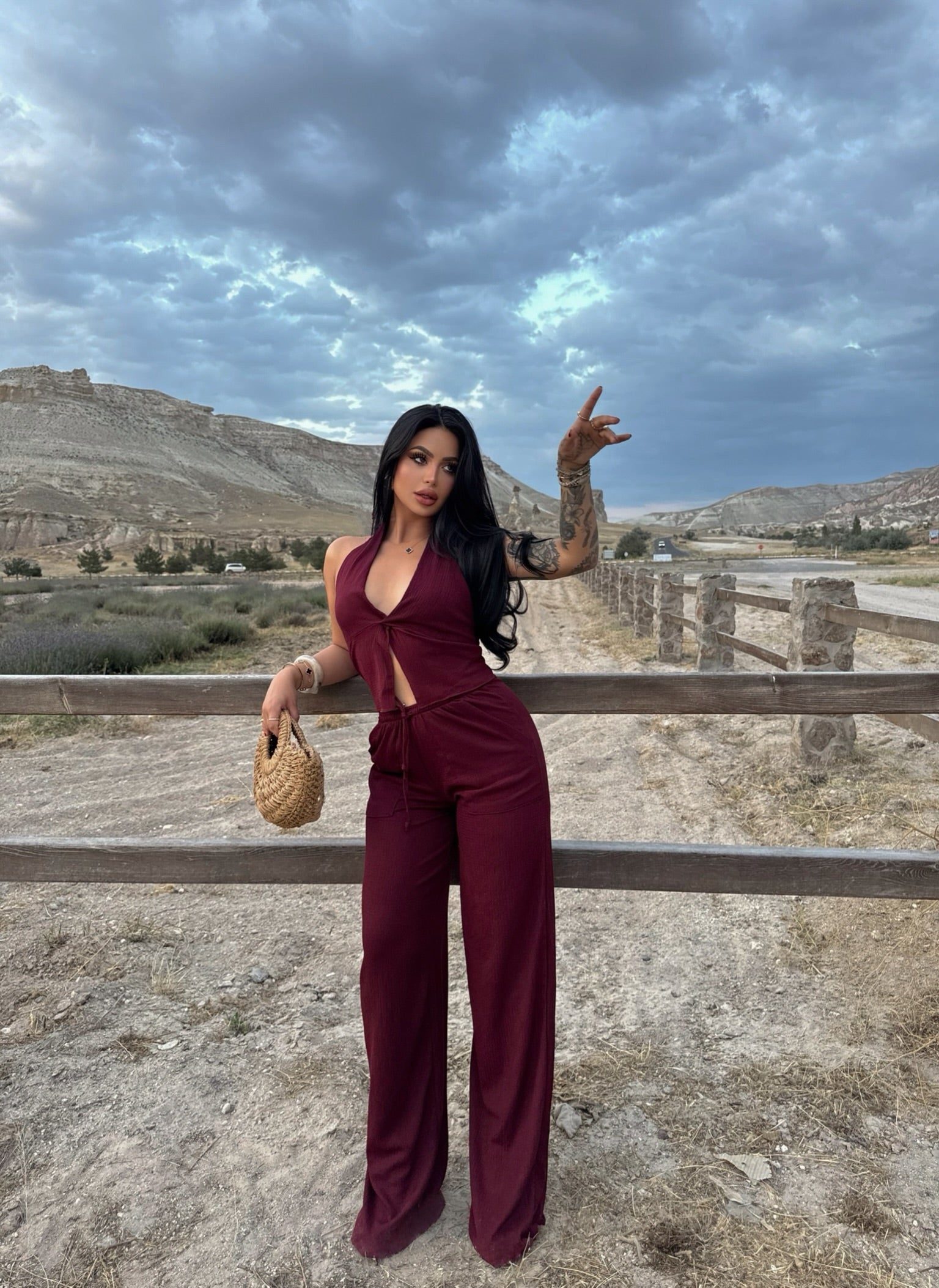Burgundy Halter Neck Two-Piece Set