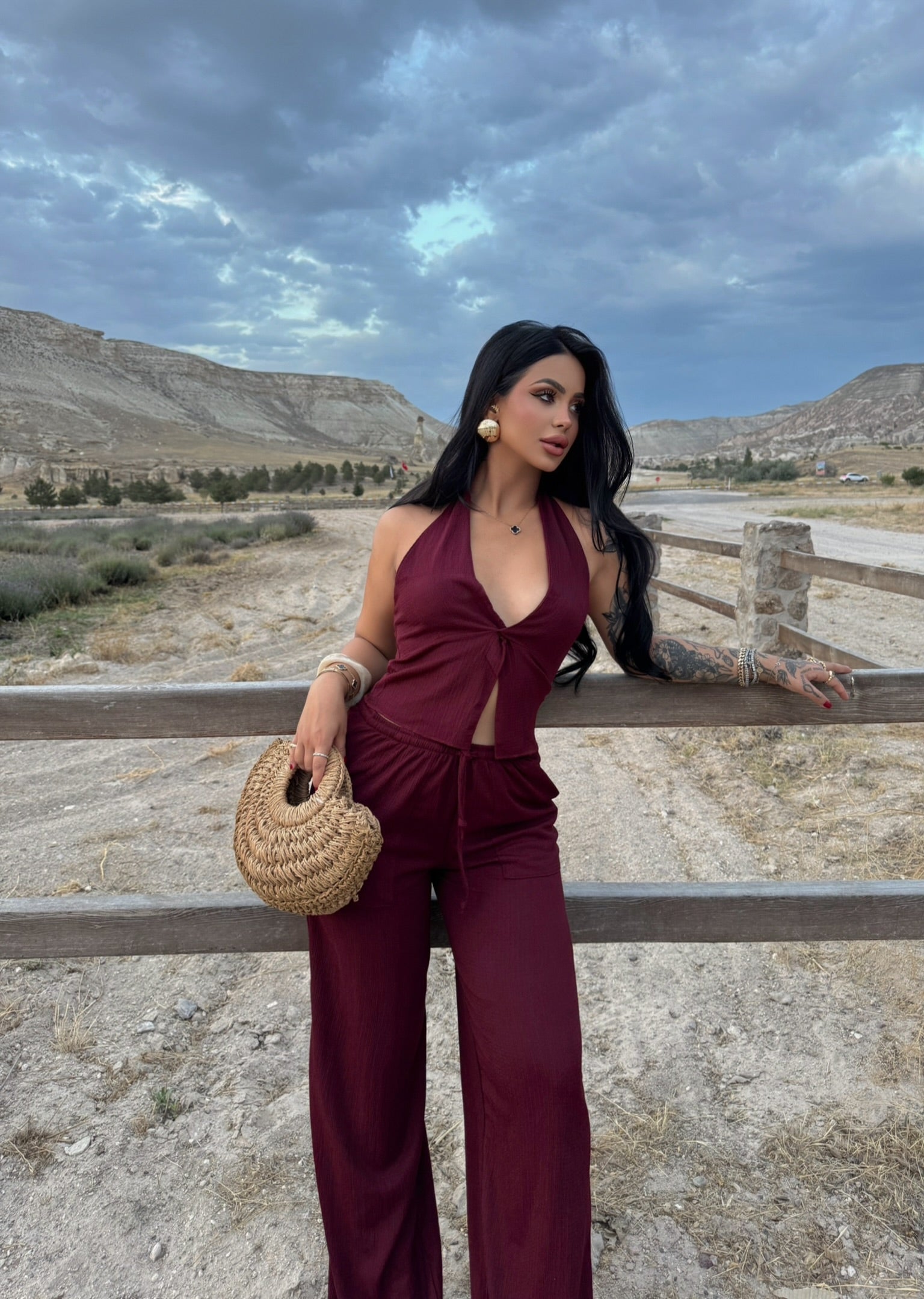Burgundy Halter Neck Two-Piece Set
