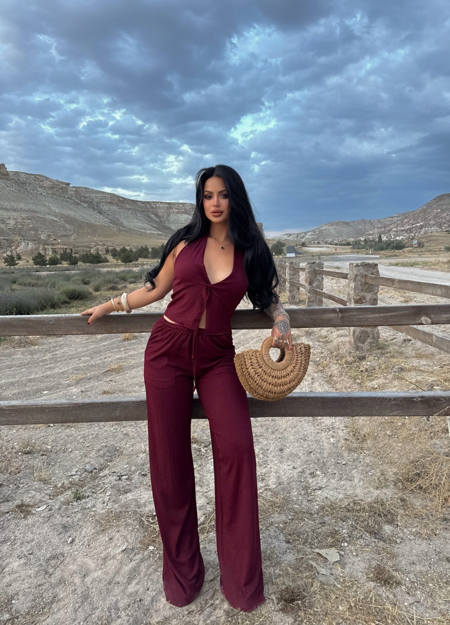 Burgundy Halter Neck Two-Piece Set