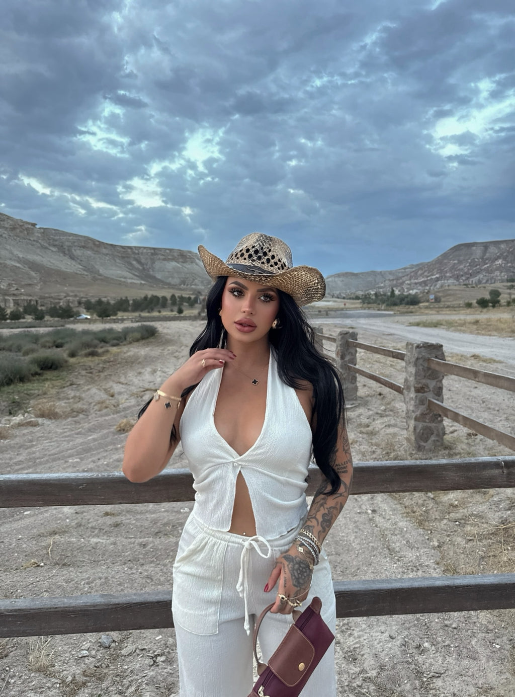 White Halter Neck Two-Piece Set