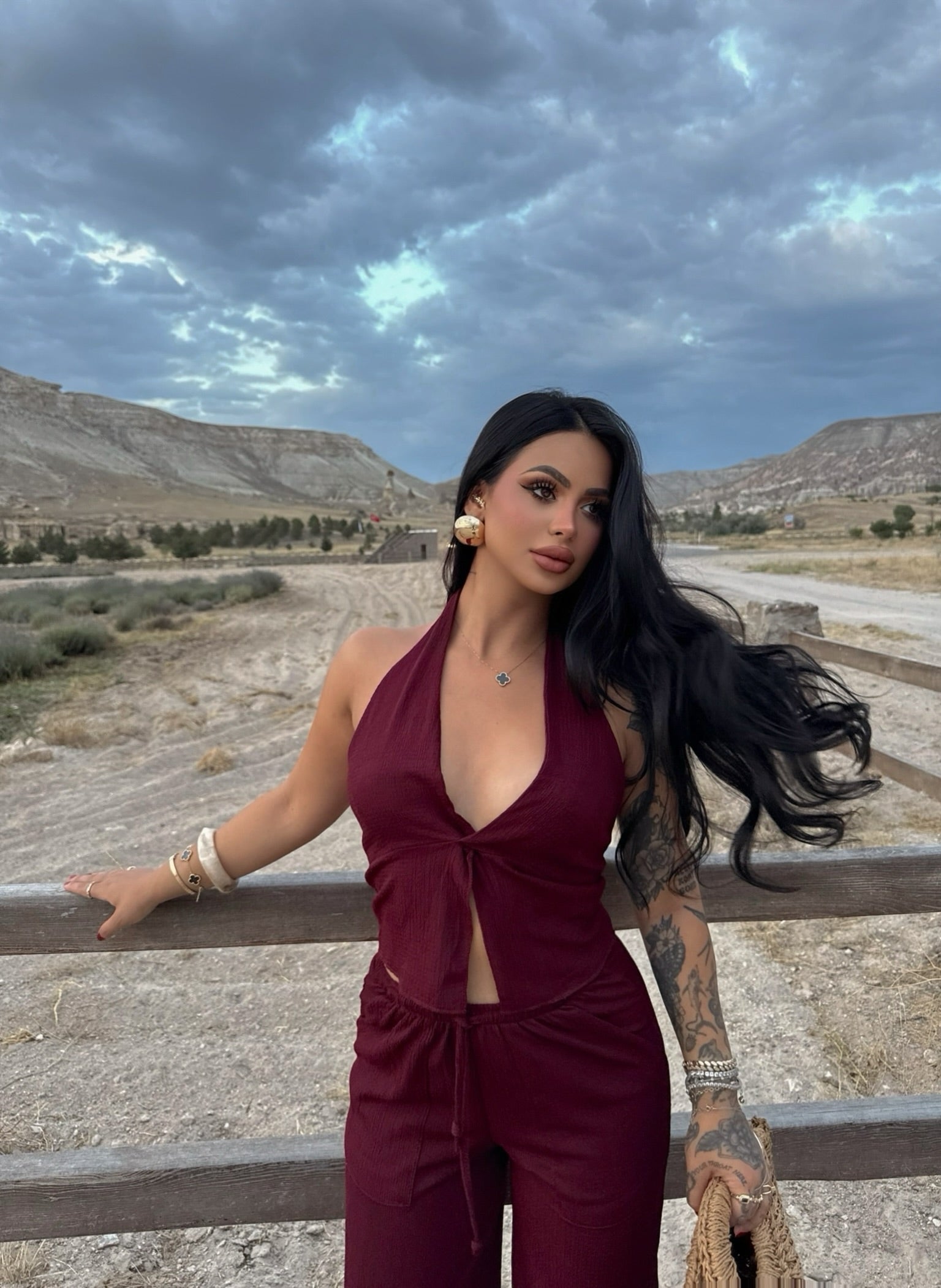 Burgundy Halter Neck Two-Piece Set