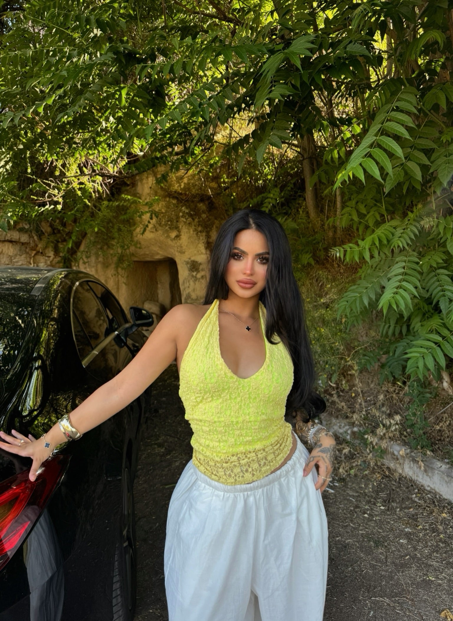 Yellow Halter Crinkled Crop Top