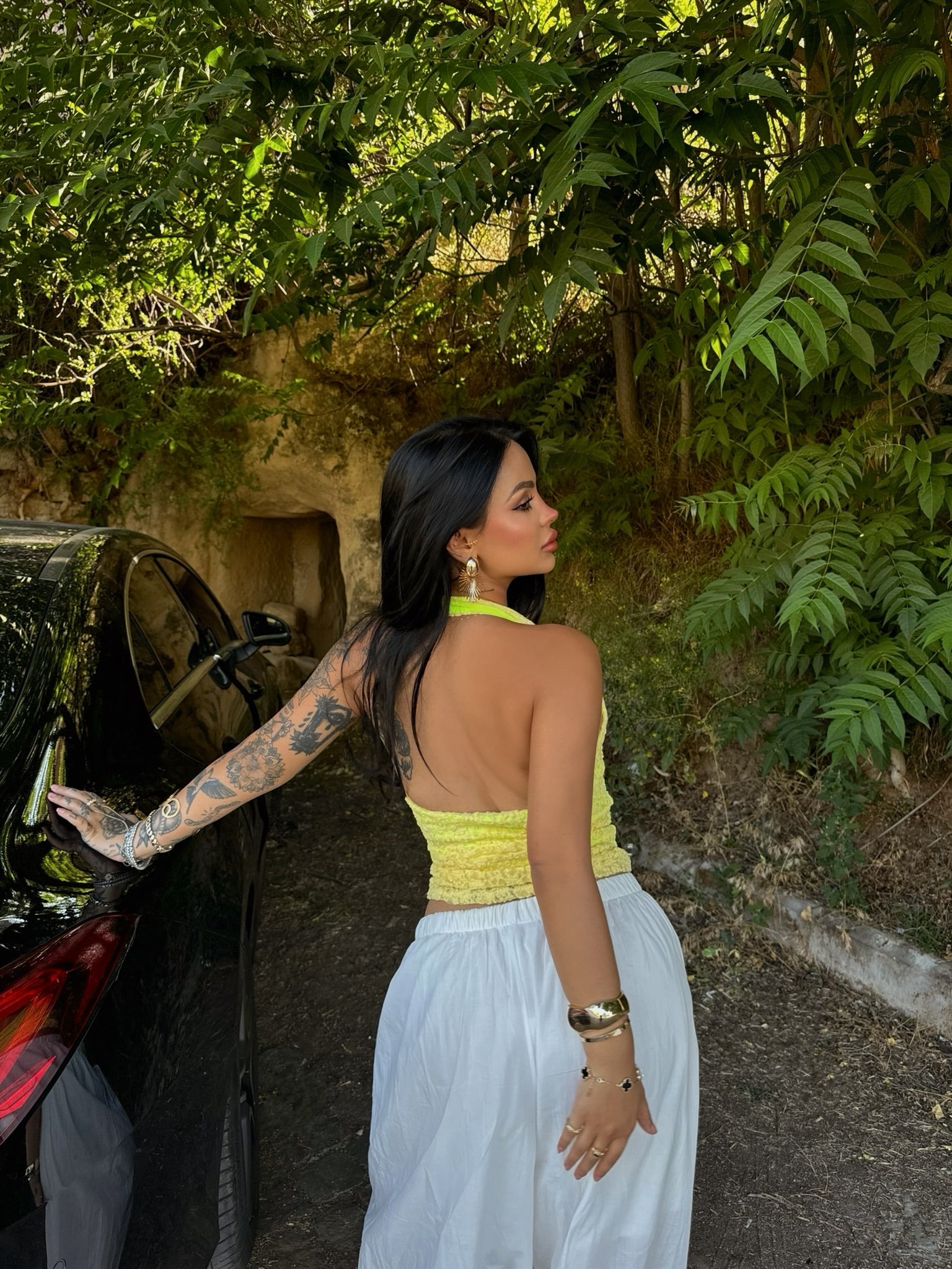 Yellow Halter Crinkled Crop Top