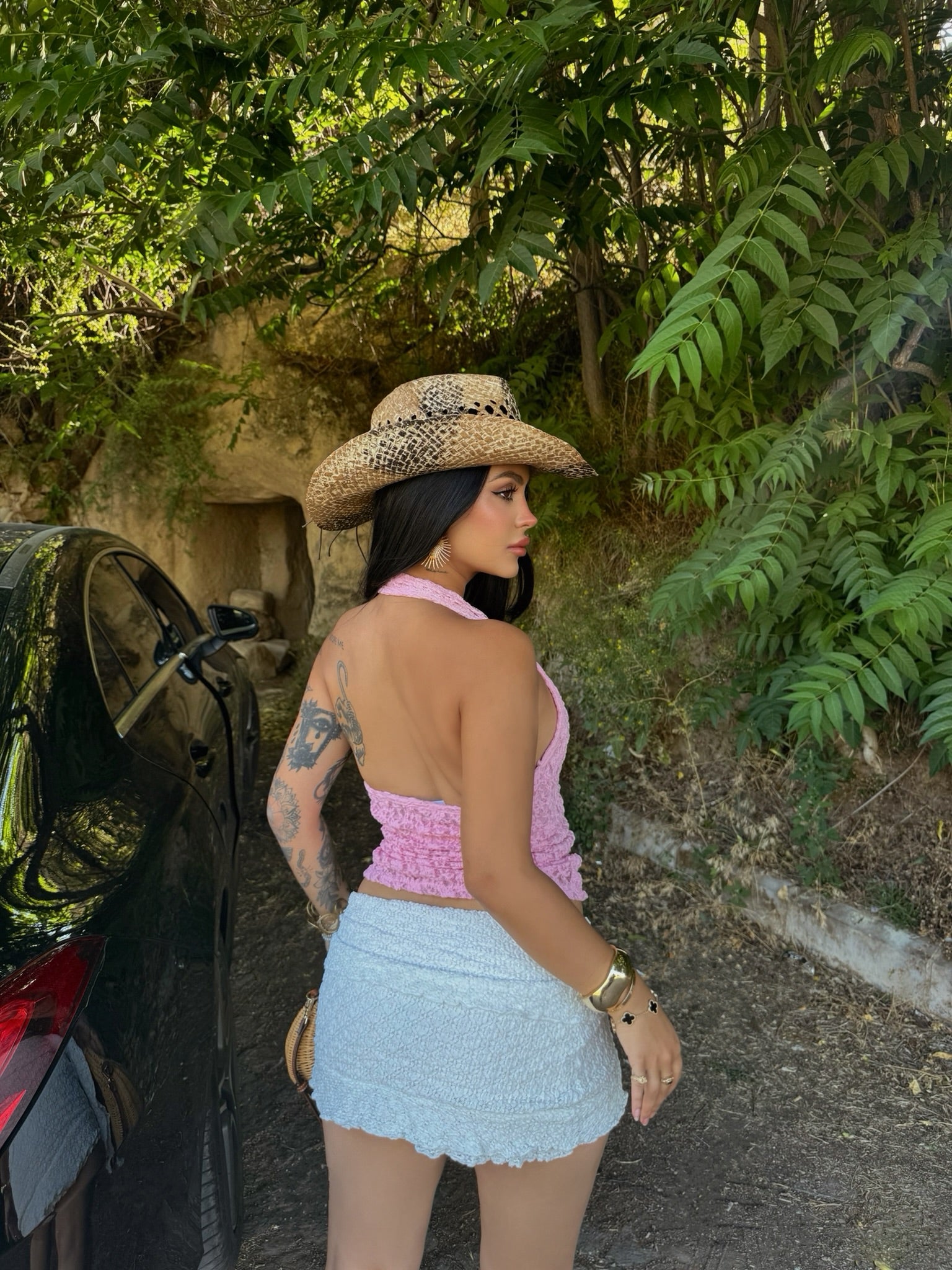 Pink Halter Crinkled Crop Top