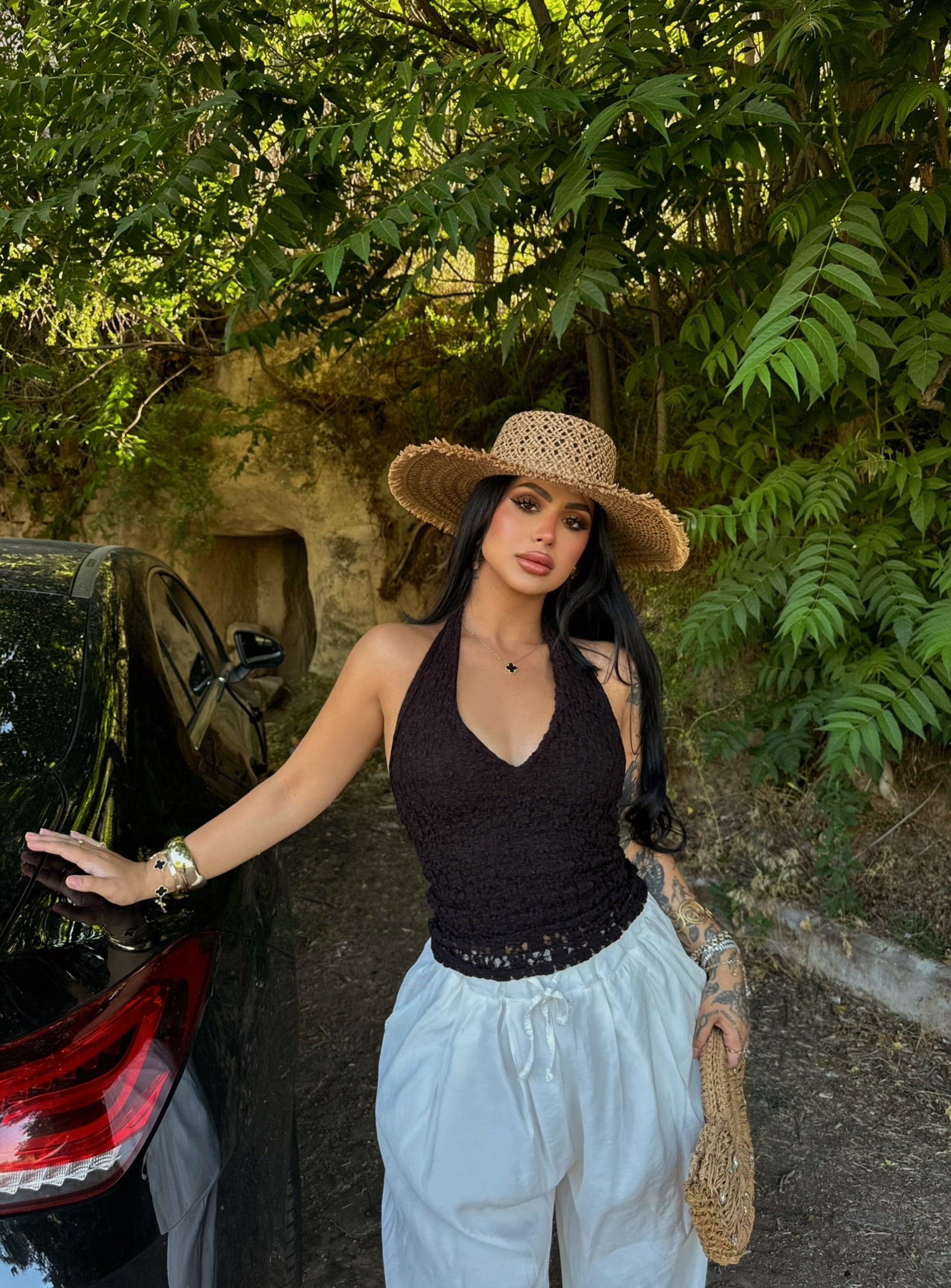 Black Halter Crinkled Crop Top