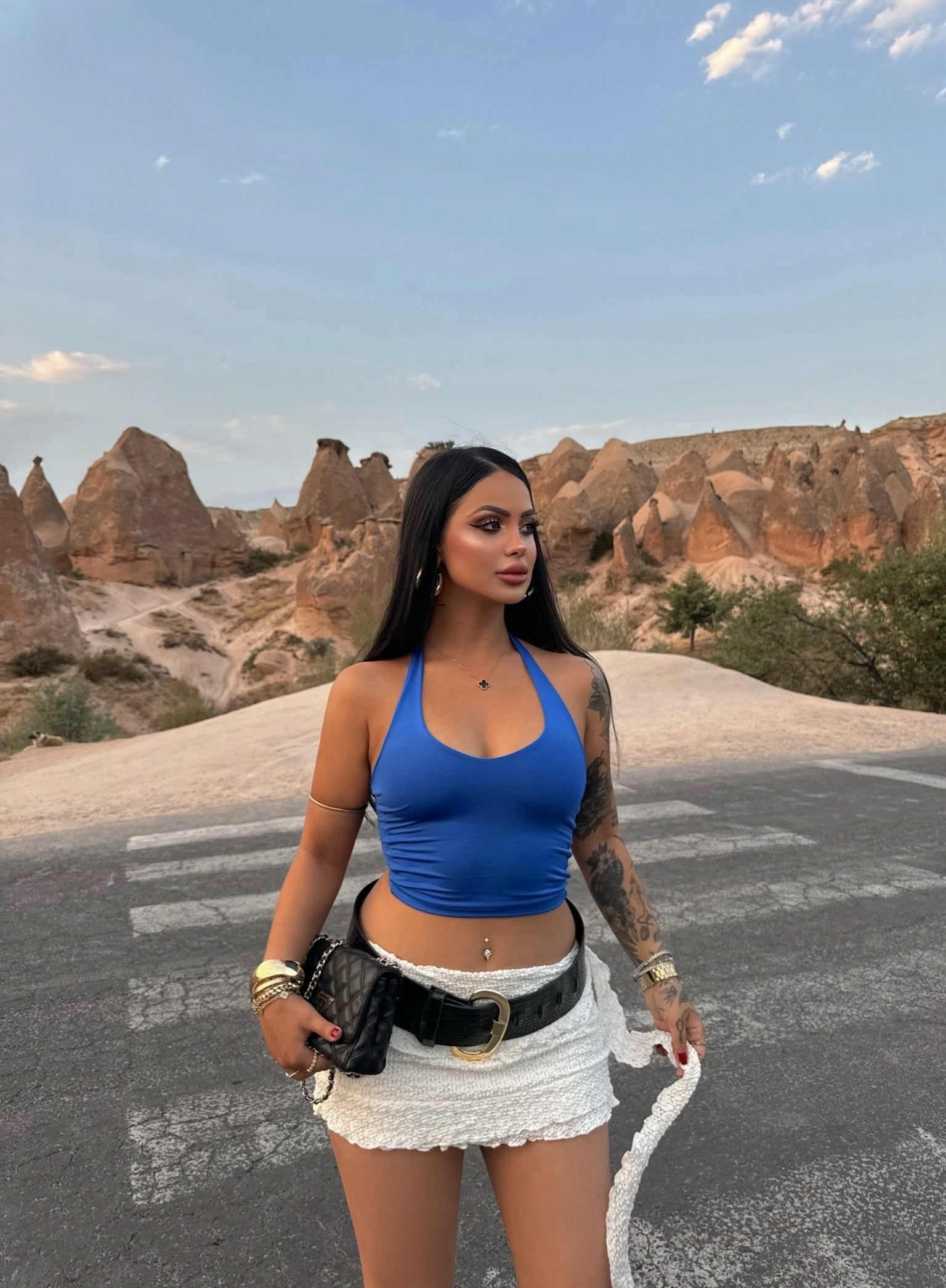 Blue Halter Neck Polyamide Crop Top