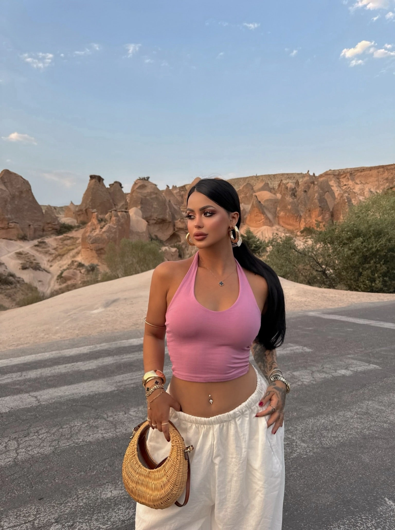 Pink Halter Neck Polyamide Crop Top