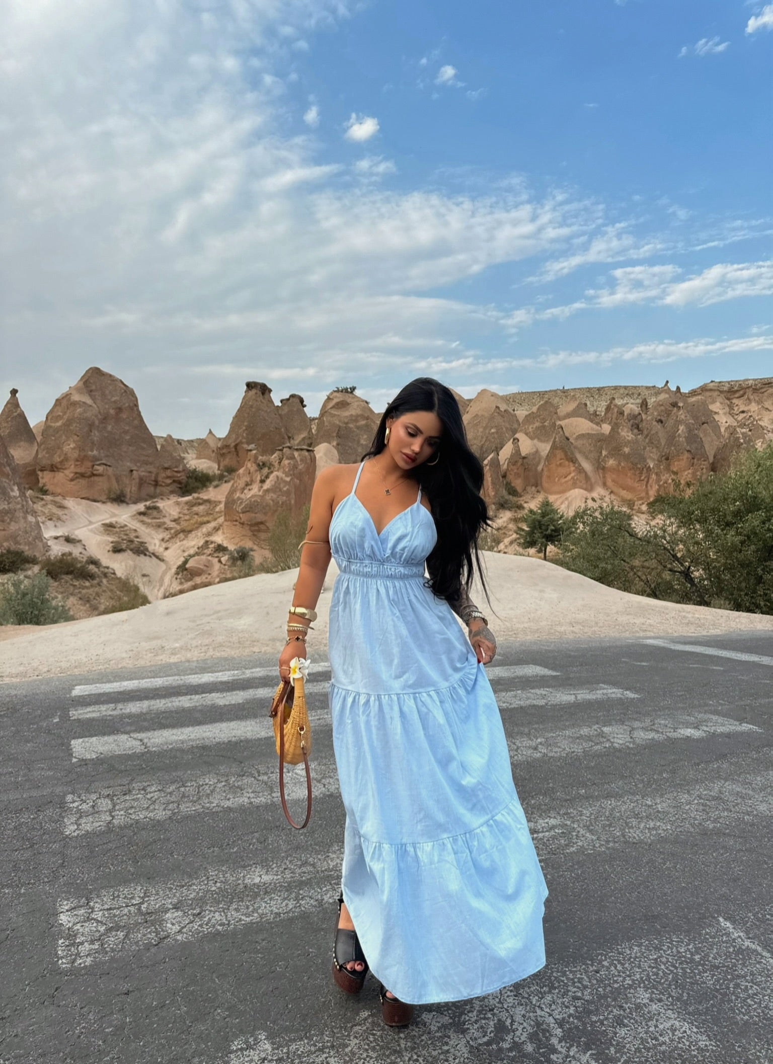 Baby Blue Strap Pearl Linen Dress