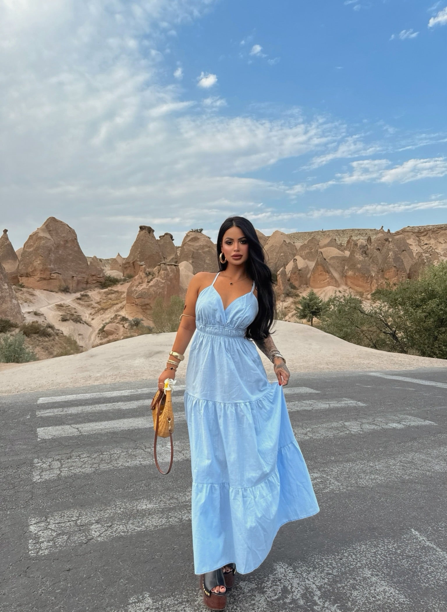 Baby Blue Strap Pearl Linen Dress