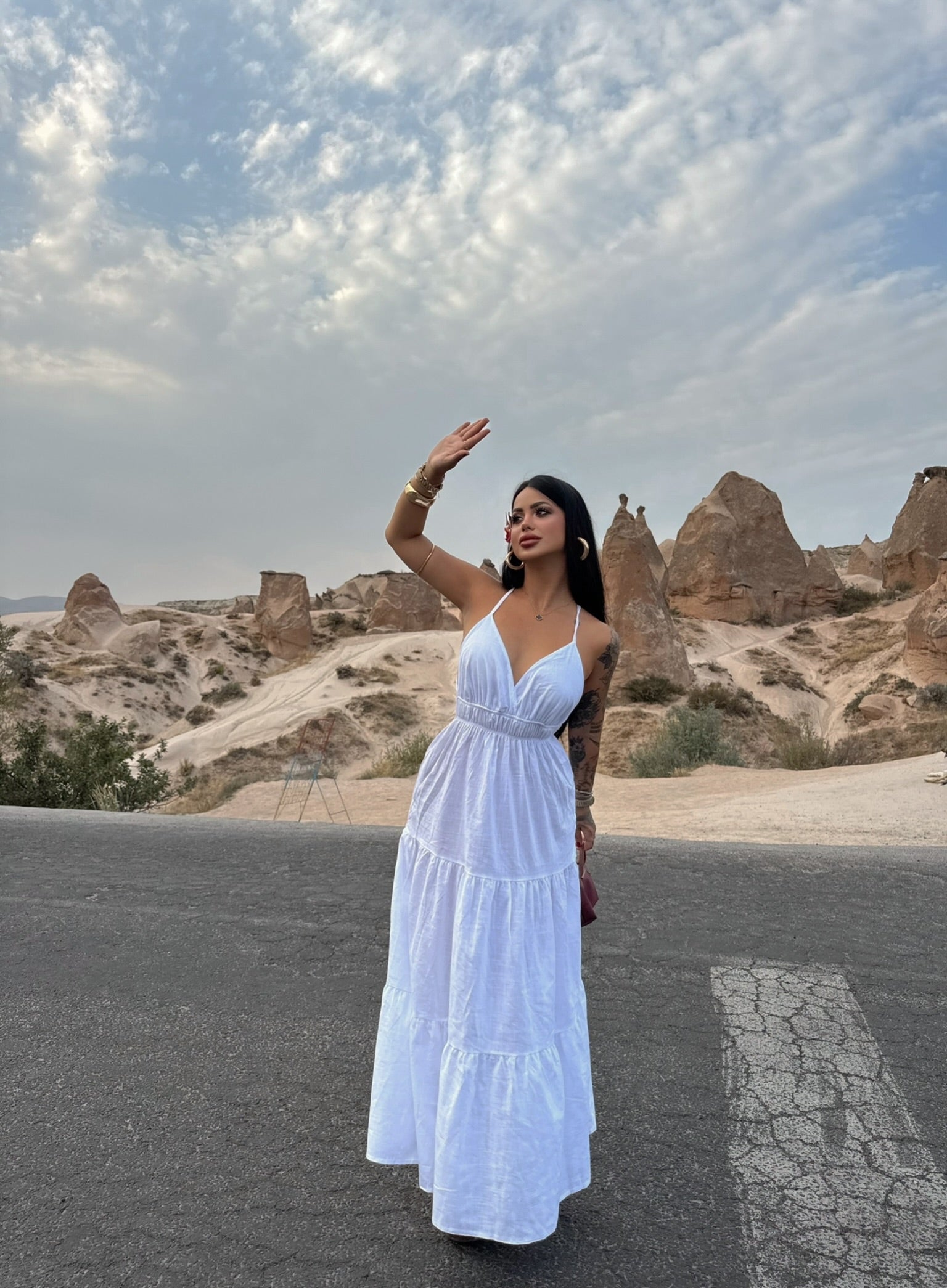 White Strap Pearl Linen Dress