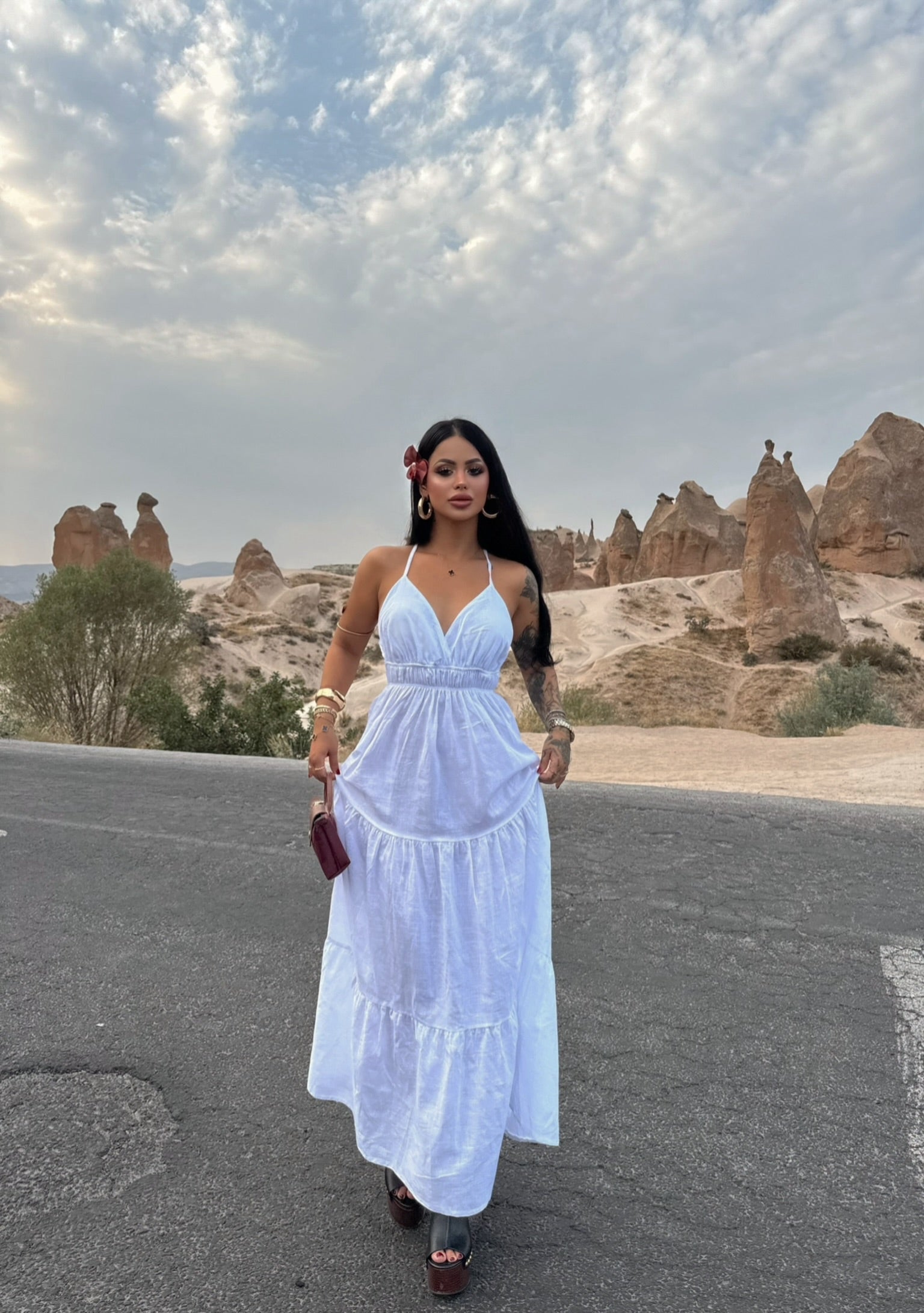 White Strap Pearl Linen Dress