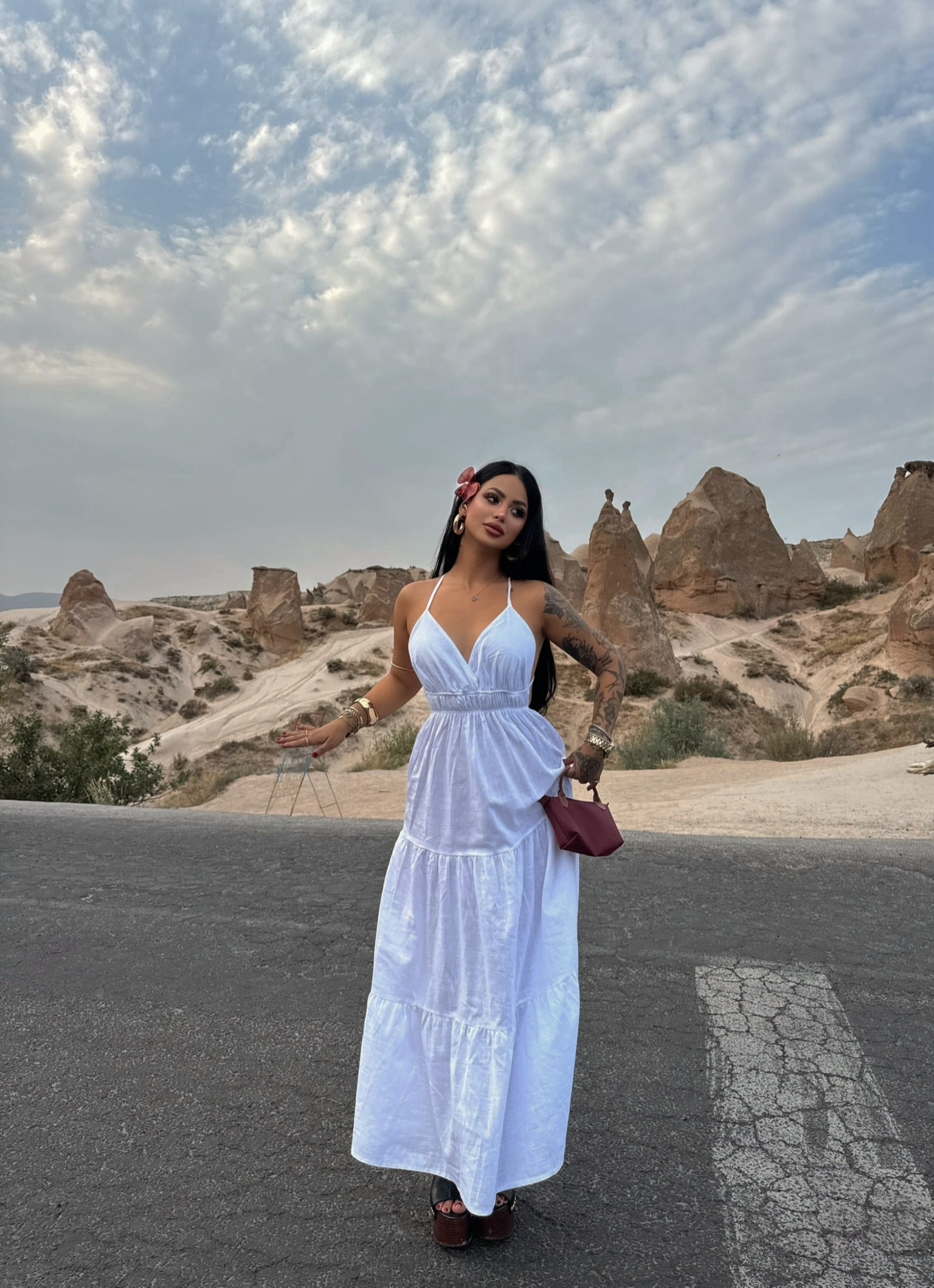 White Strap Pearl Linen Dress