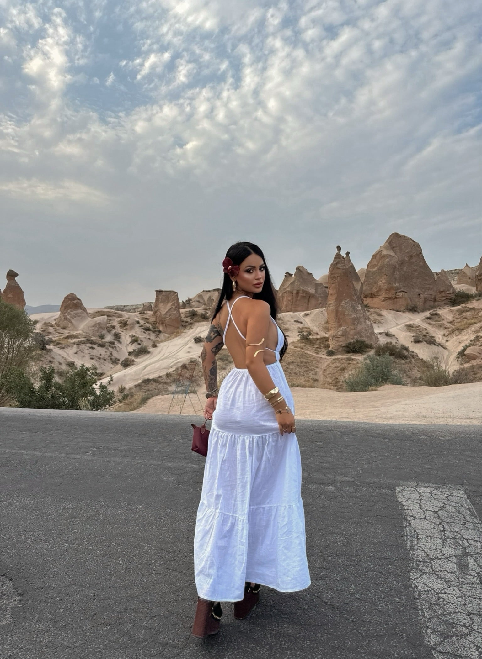 White Strap Pearl Linen Dress