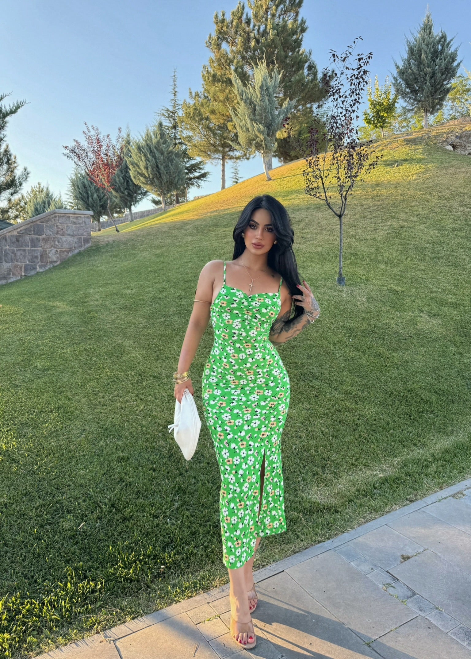 Green Floral Strappy Back Dress