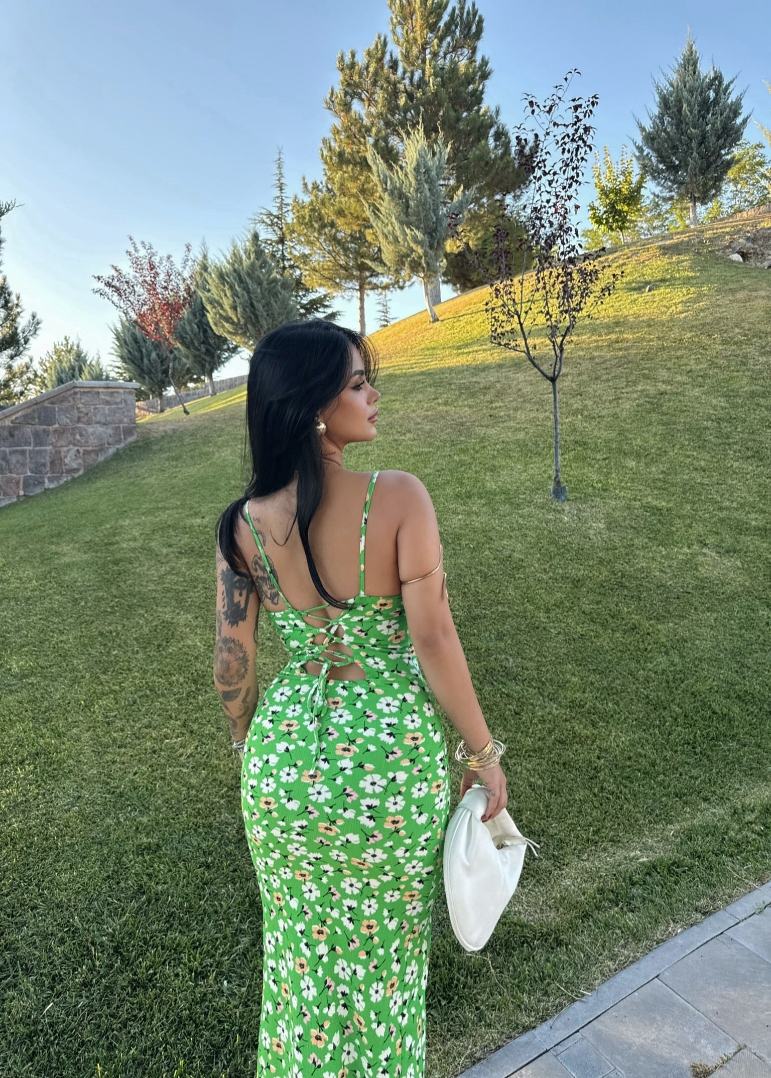 Green Floral Strappy Back Dress