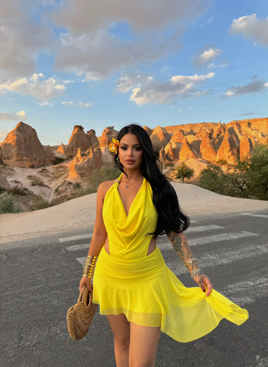 Yellow Draped Neck Accessory Dress