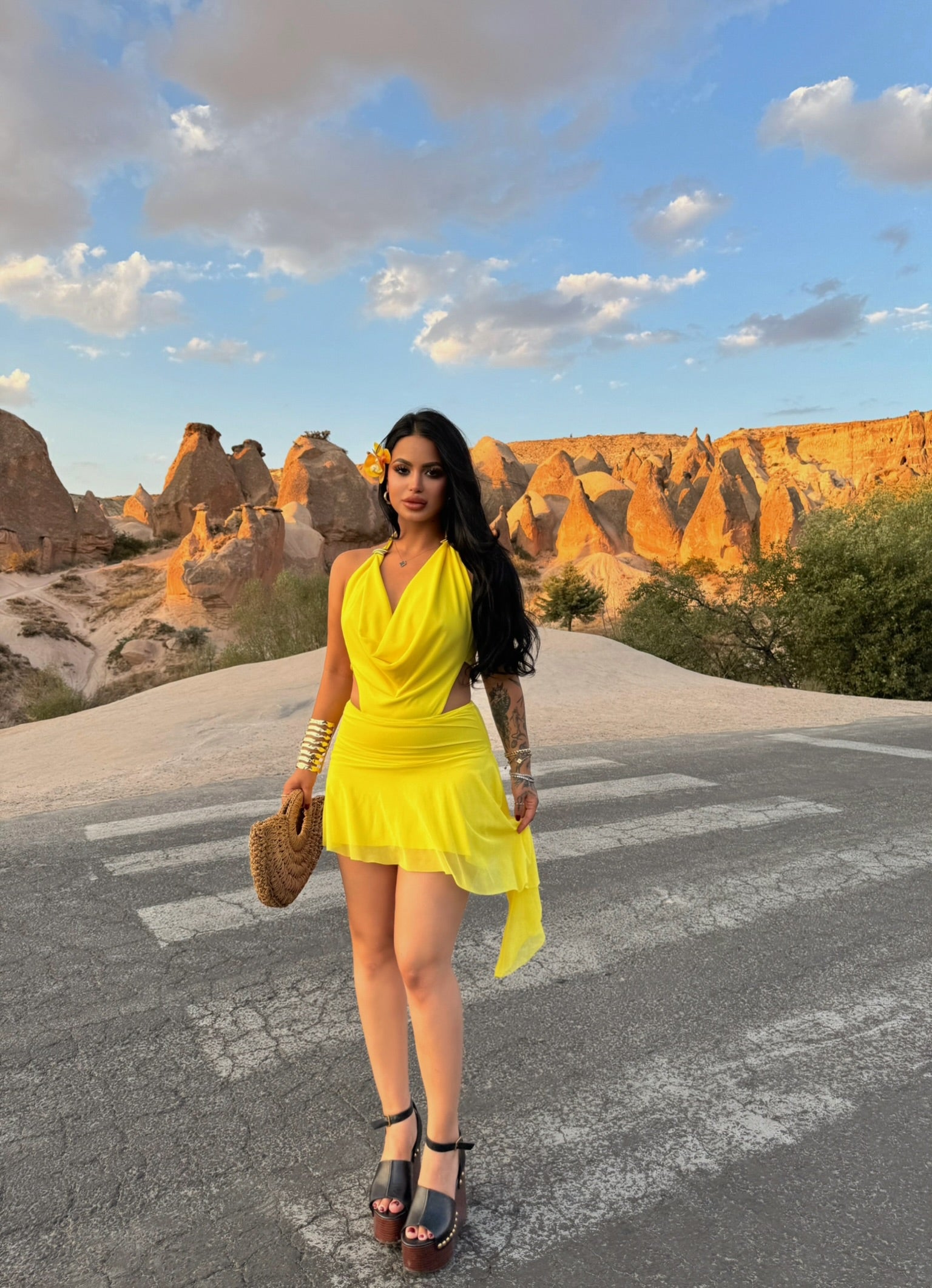 Yellow Draped Neck Accessory Dress