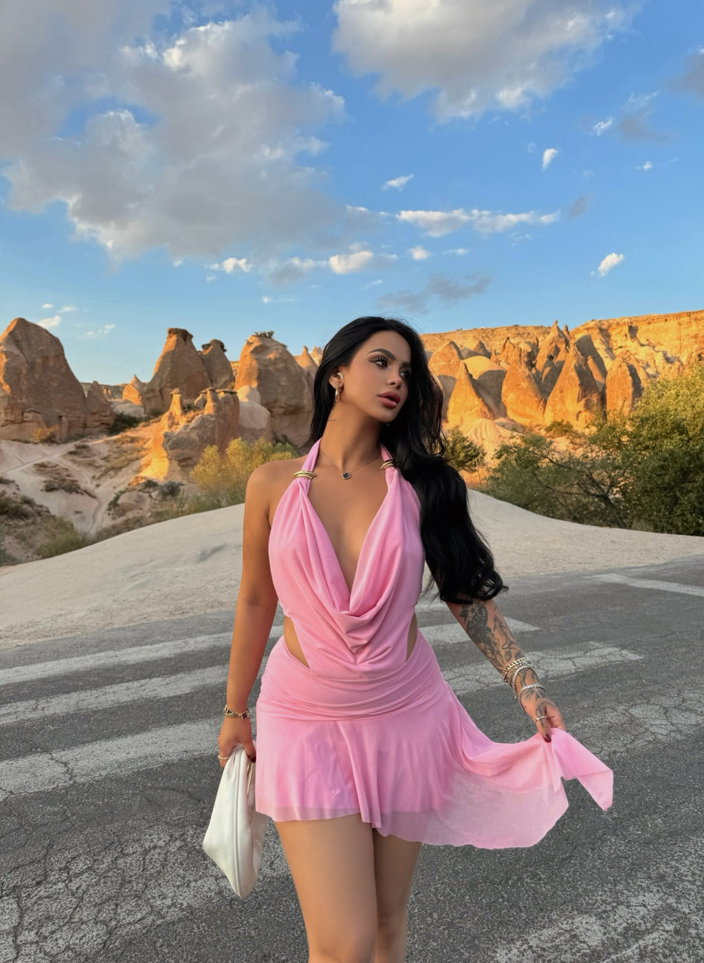 Pink Draped Neck Accessory Dress