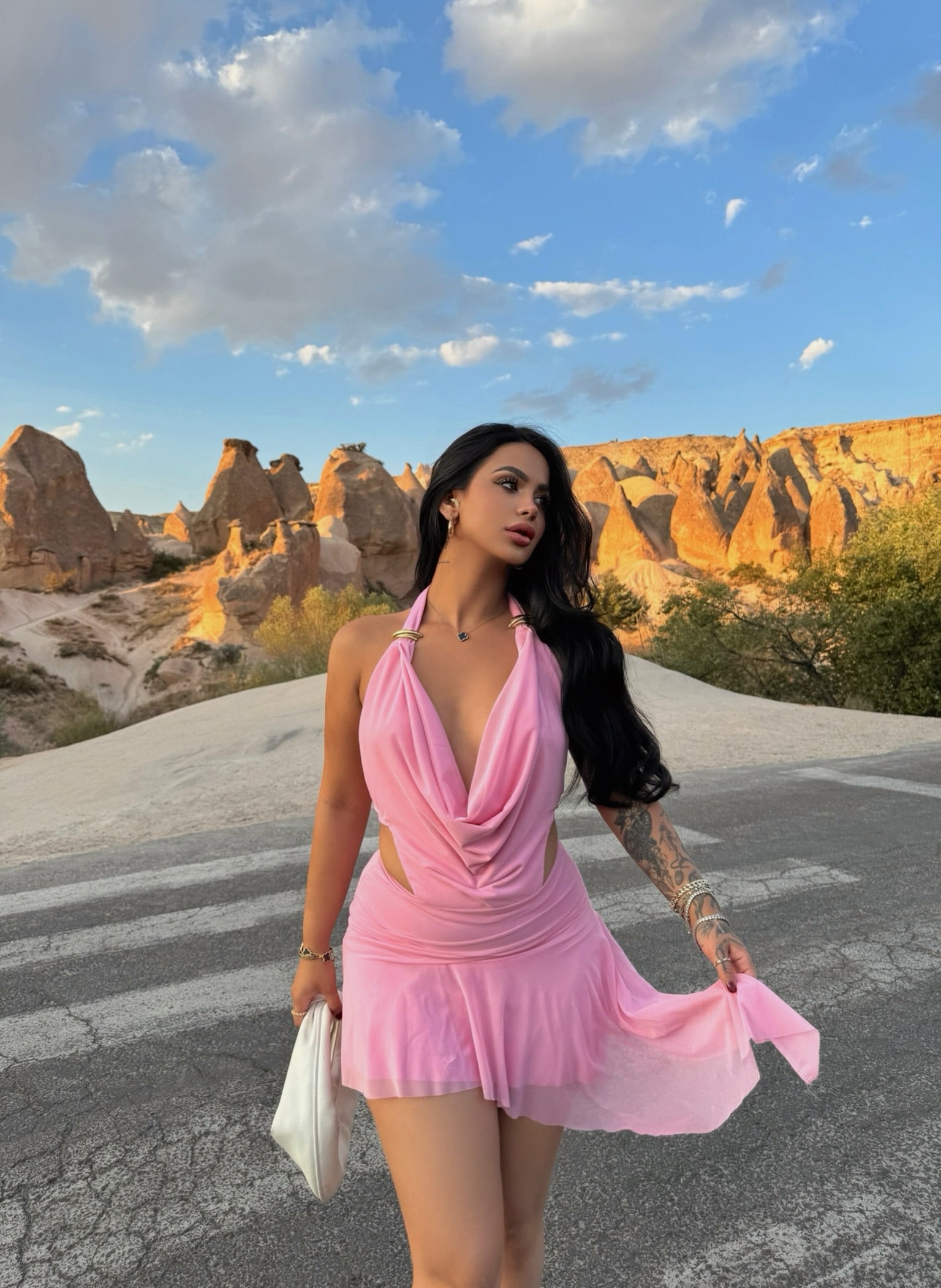 Pink Draped Neck Accessory Dress